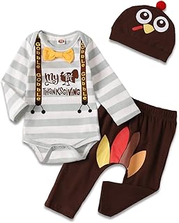 My First Thanksgiving Outfit Infant Baby Boy Letter Printed Romper Turkey Pants with Hat 3PCS Thanksgiving Clothes Sets Brown