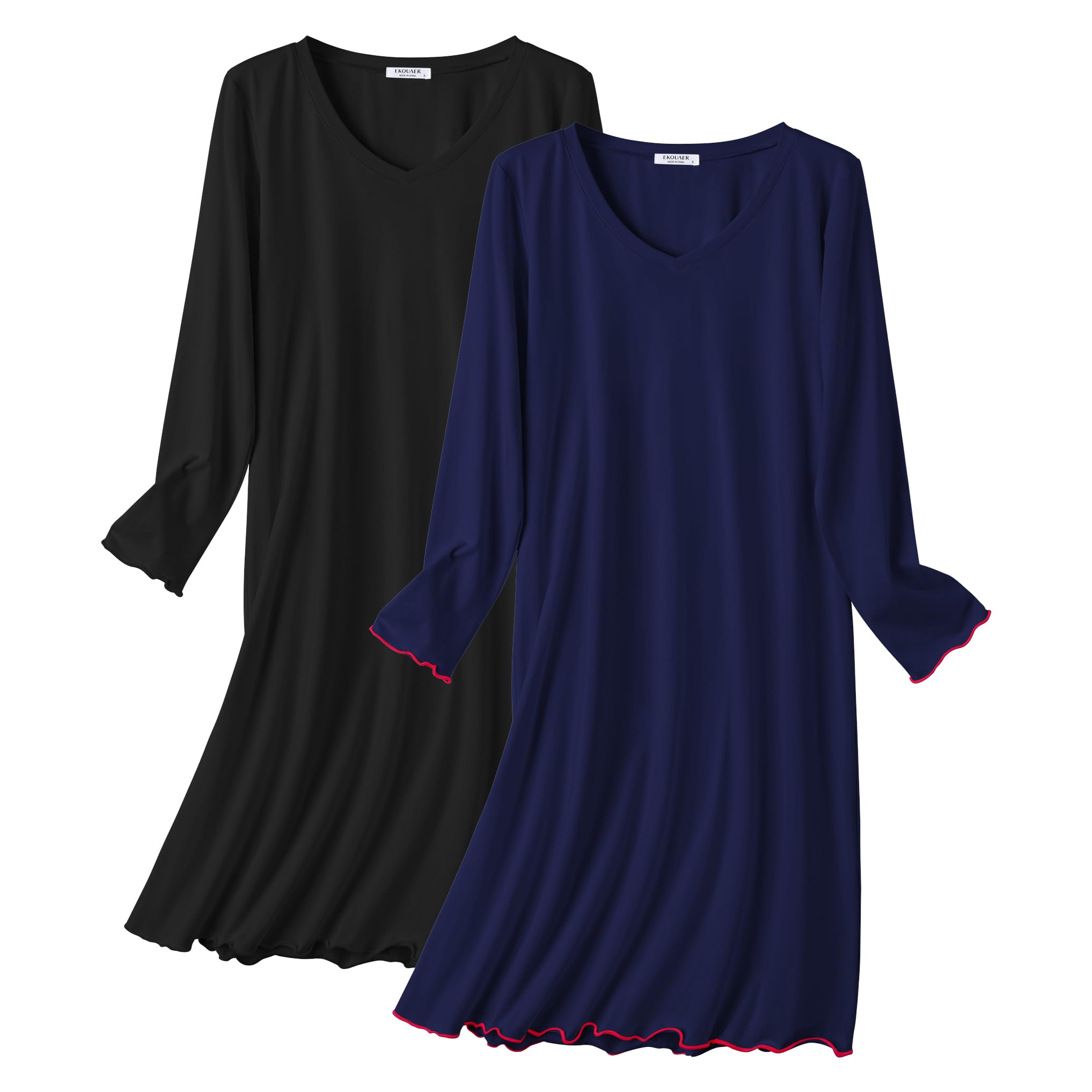 Ekouaer Cotton Nightgowns for Women 2 Pack Night Gown Long Sleeve Sleepshirts V Neck Night Shirt Soft Sleepwear