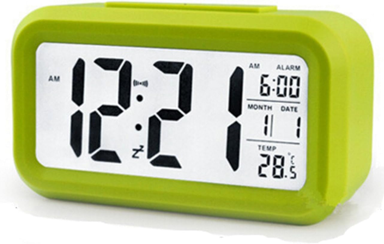 EIALA 5.4" Light-Sensor Smart Simple and Silent LED Alarm Clock w/Date Temperature Display Repeating Snooze and Sensor Light + Night Light Progressively Louder Wakey Alarm (Green)