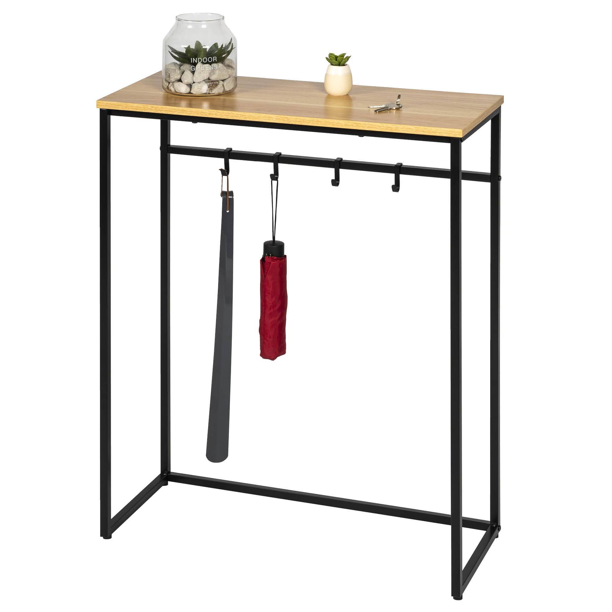 eluno Konsolentisch aus Metall mit 1 Holzablage, höhenverstellbare Füße, 4 Haken, als Beistelltisch oder Sideboard, viel Platz für Bücher, Pflanzen und Deko (Schwarz)