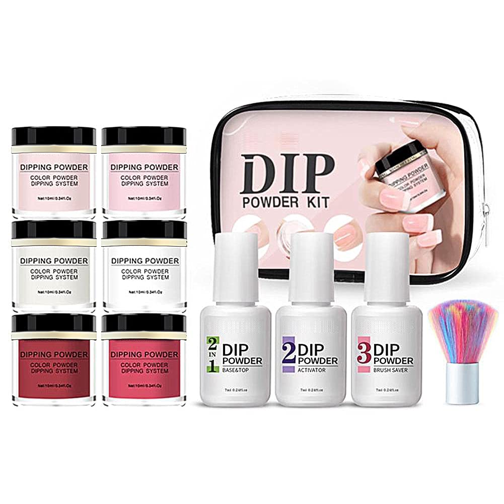6 Colors Dip Powder Nail Kit with Base Coat Activator Top Coat Brush, Nail Dip Powder Colors Starter Kit, Red Pink White Dipping Powder Nail