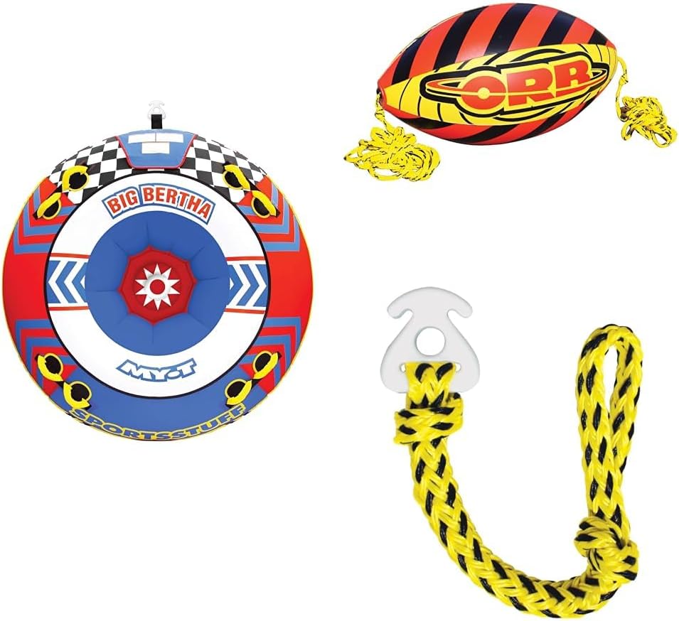 SportsStuff Big Bertha 1-4 Rider Towable Tube Bundle with Airhead Orb 60 ft 4,100 lb Rope & Kwik-Connect 6,000lb Tow Connector
