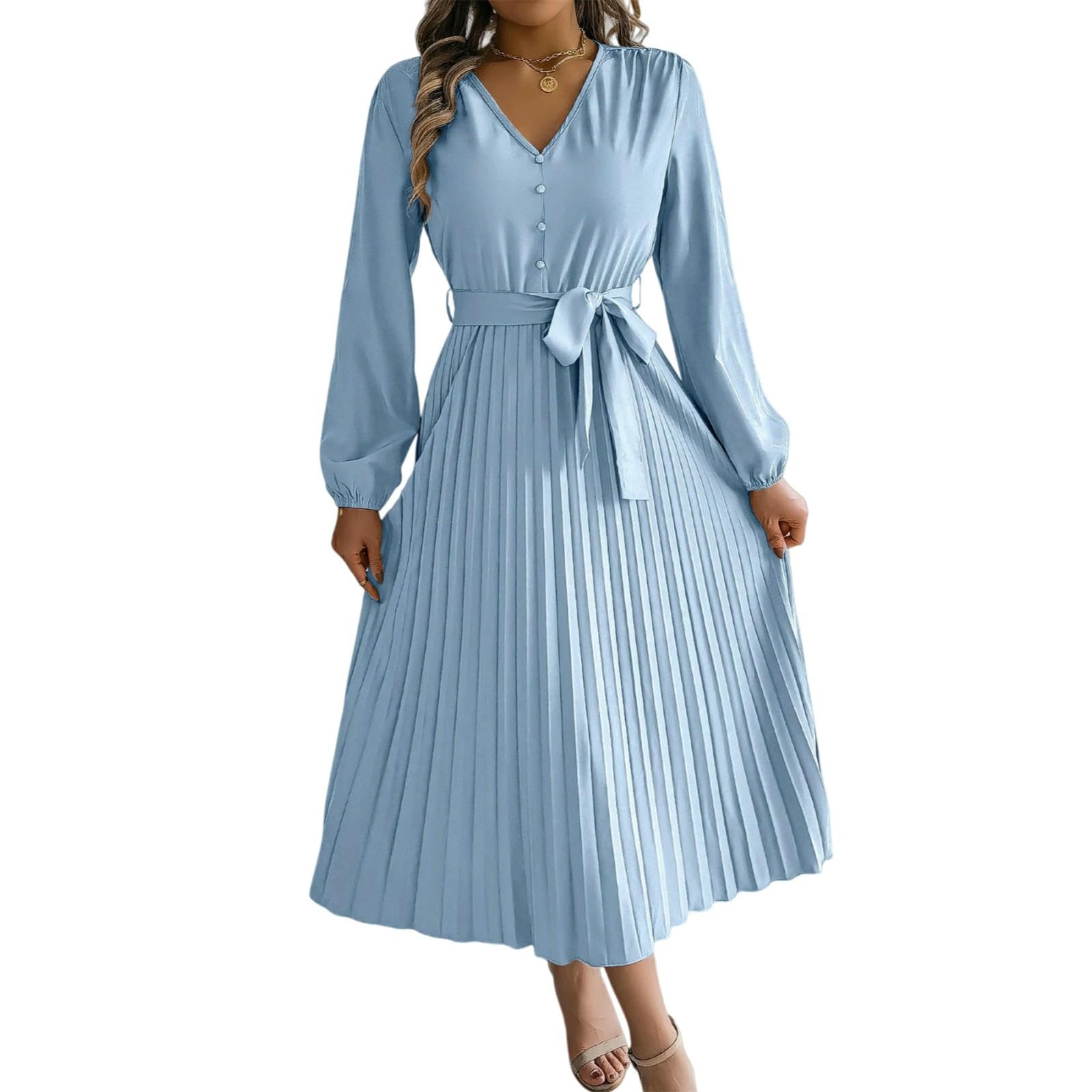 Vestito Manica Lunga Donna Plissato Maxi Abito, V Collo Pizzo su Bottone Dettaglio Elegante per L'autunno Inverno Casual & Indossamento Serale-Khaki-s