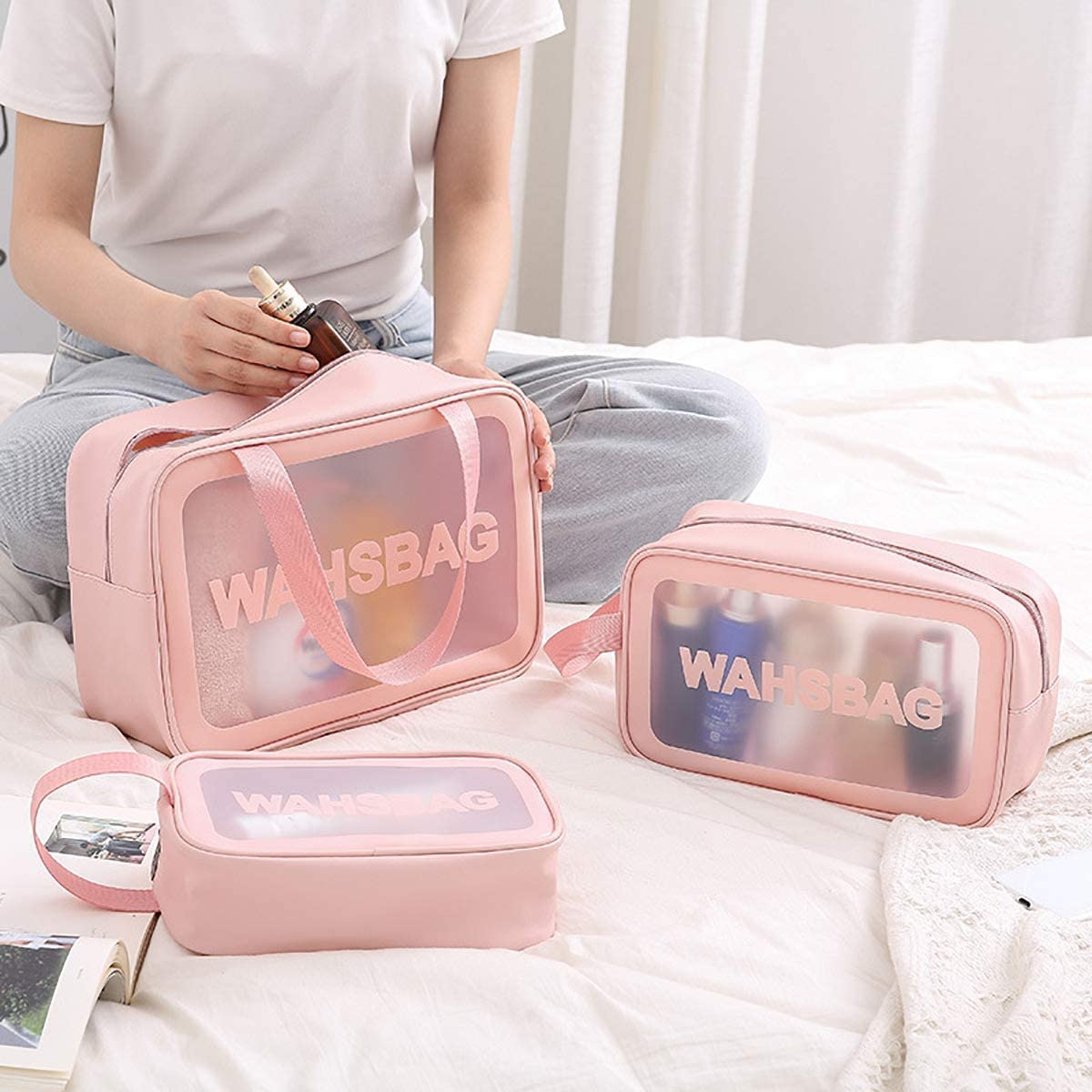 TAGUDA PVC Washbag Set Of 3 Pcs Cosmetic Toiletry Makeup Vanity Shaving Household Grooming Travel Storage Organizer Bags Pouch Kit Pack For Men Women Girls Travel (Pink) 1