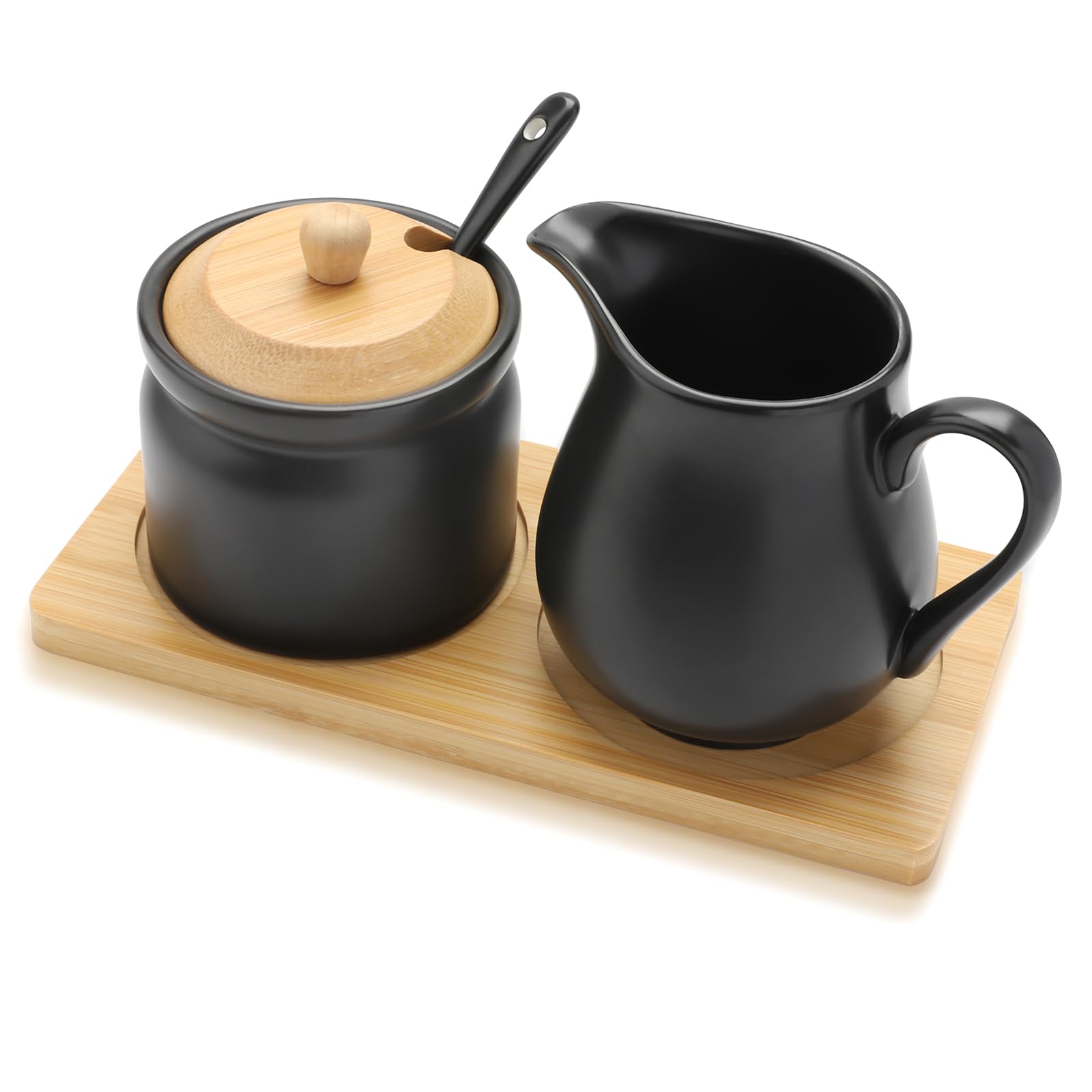 Juego de azucarero y crema de cerámica, azucarero negro con tapa y cuchara, jarra de crema con bandeja, juego de servir té y café para bar, hogar, cocina, oficina (negro)