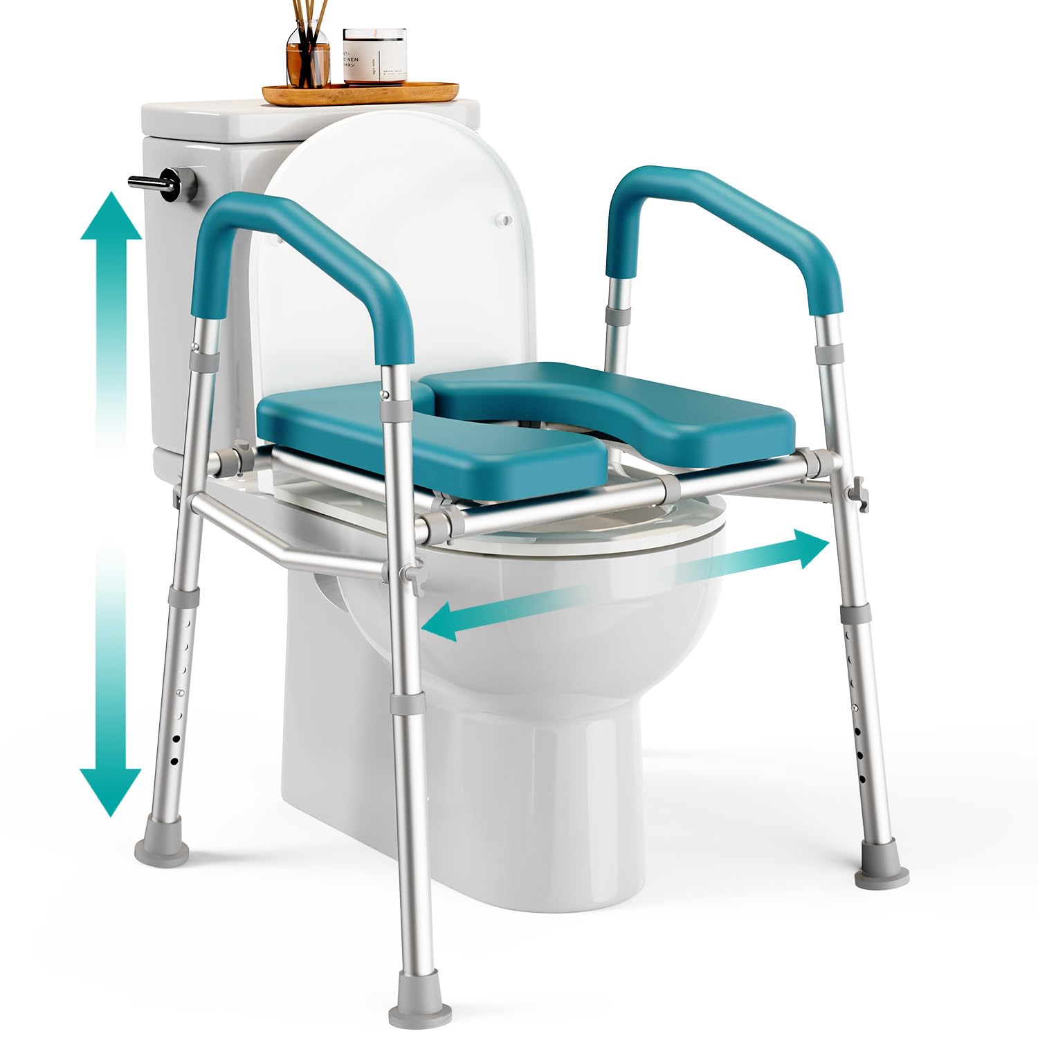 PELEGON Raised Toilet Seat with Handles (400lb) - Adjustable Height & Width Toilet Chair with Arms, Toilet Riser with Handles, Toilet Chair Over Toilet, Handicap Toilet Seat for Elderly (Teal)