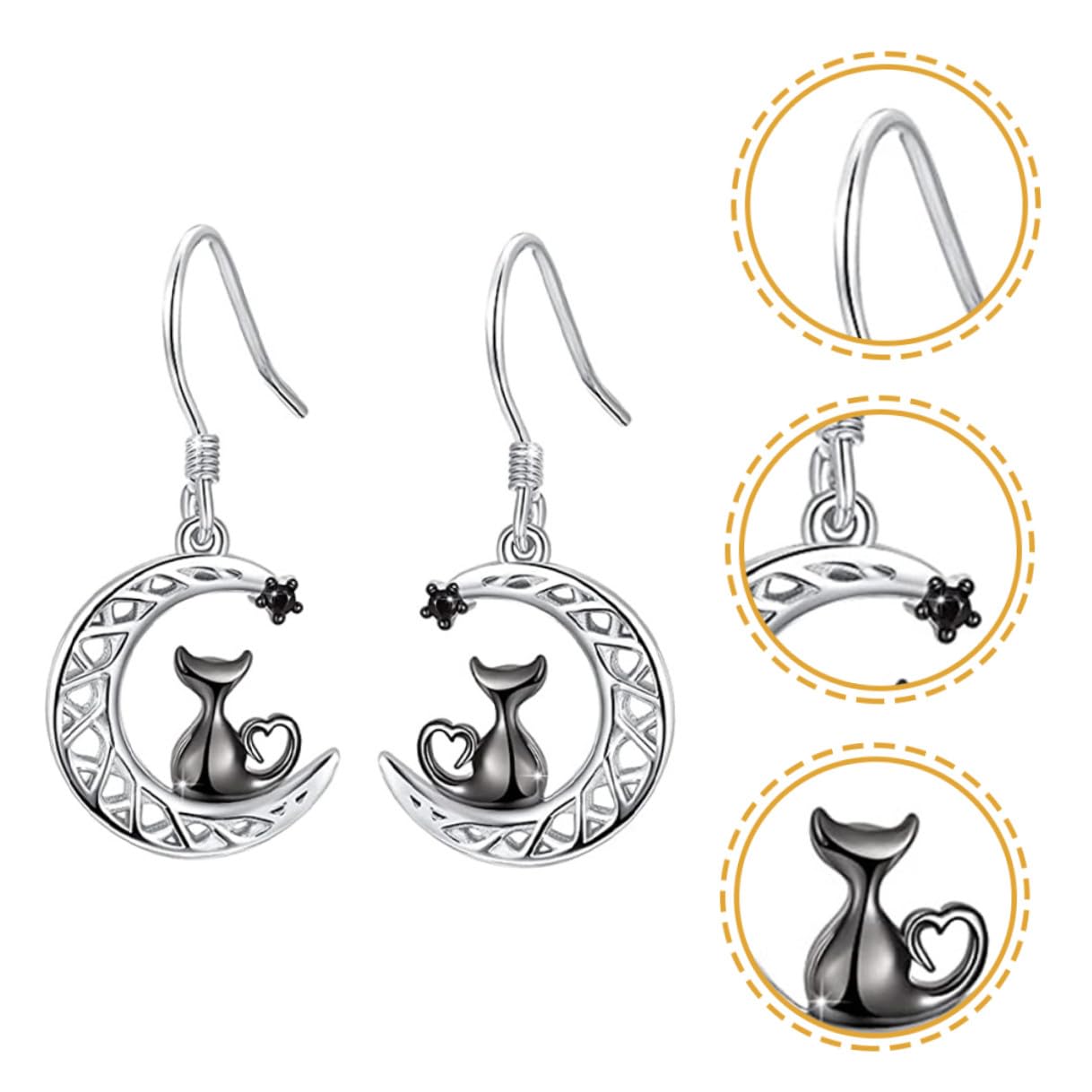 ifundom Orecchini Pendenti a Forma di Gatto e Mezzaluna per Donna, Gioielli Neri Design Elegante, Accessorio Regalo per Amanti dei Gatti e Uso Quotidiano