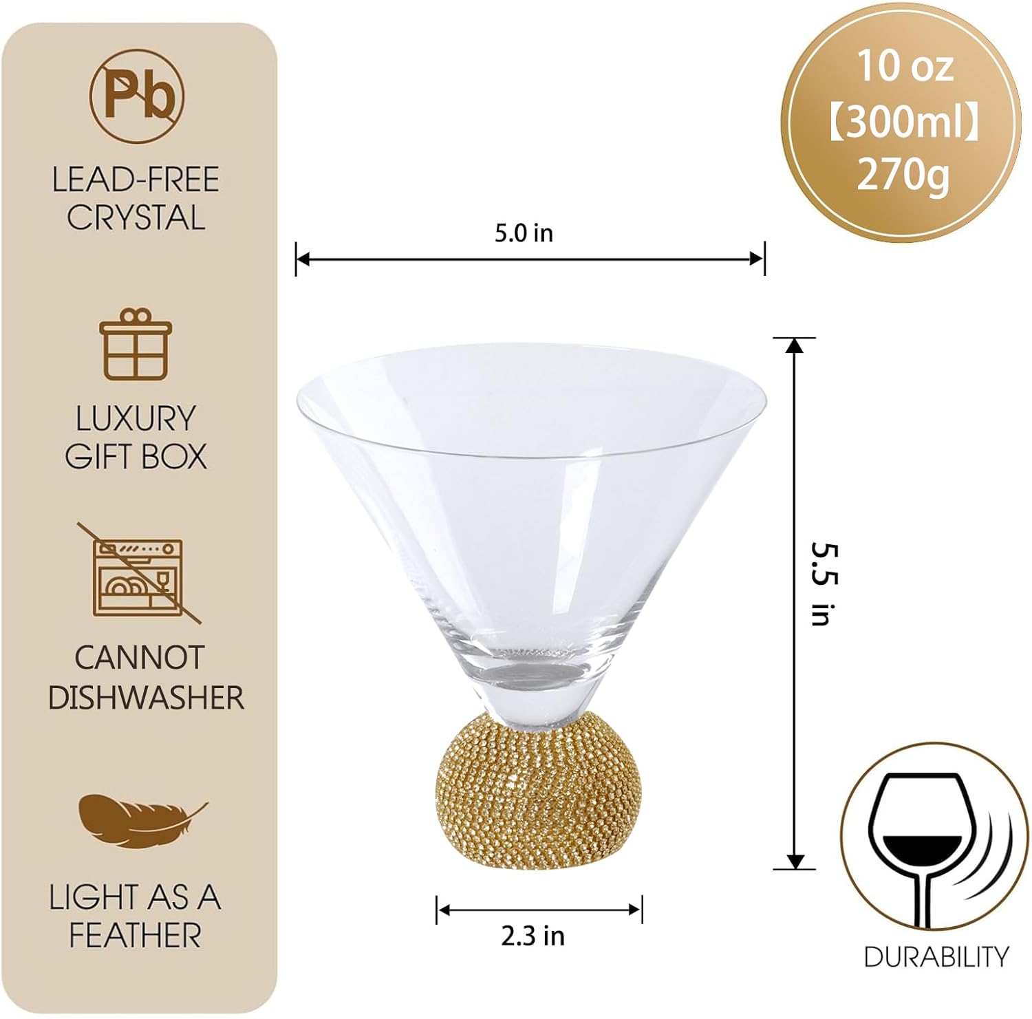 Martini Glasses Set of 4,Stemless Margarita Glasses,Unbreakable Crystal Fancy Cocktail Glasses,10 Oz Bar Glass,for Party,Birthday,Manhattan, Cosmopolitan, Home Bargifts Women (Gold Clear) - Image 3