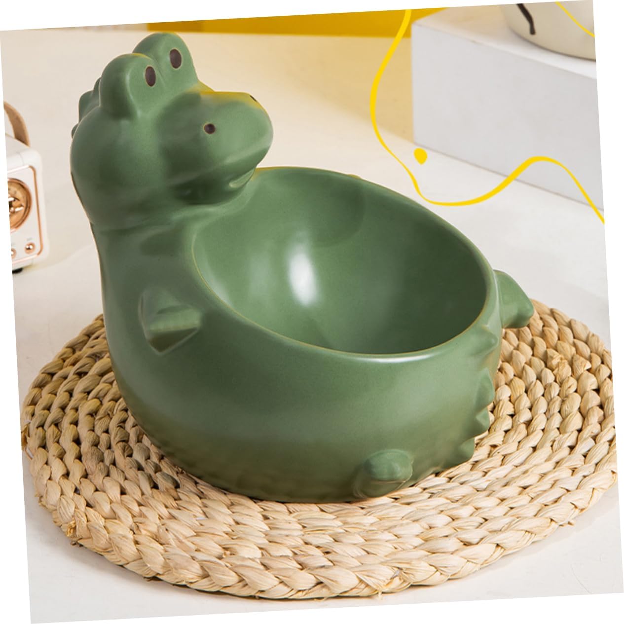 NOLITOY Ceramic Pet Feeding Bowl High Base for Cats and Dogs Sloping Design for Comfortable Eating Cartoon Dinosaur Shape Easy to Capacity