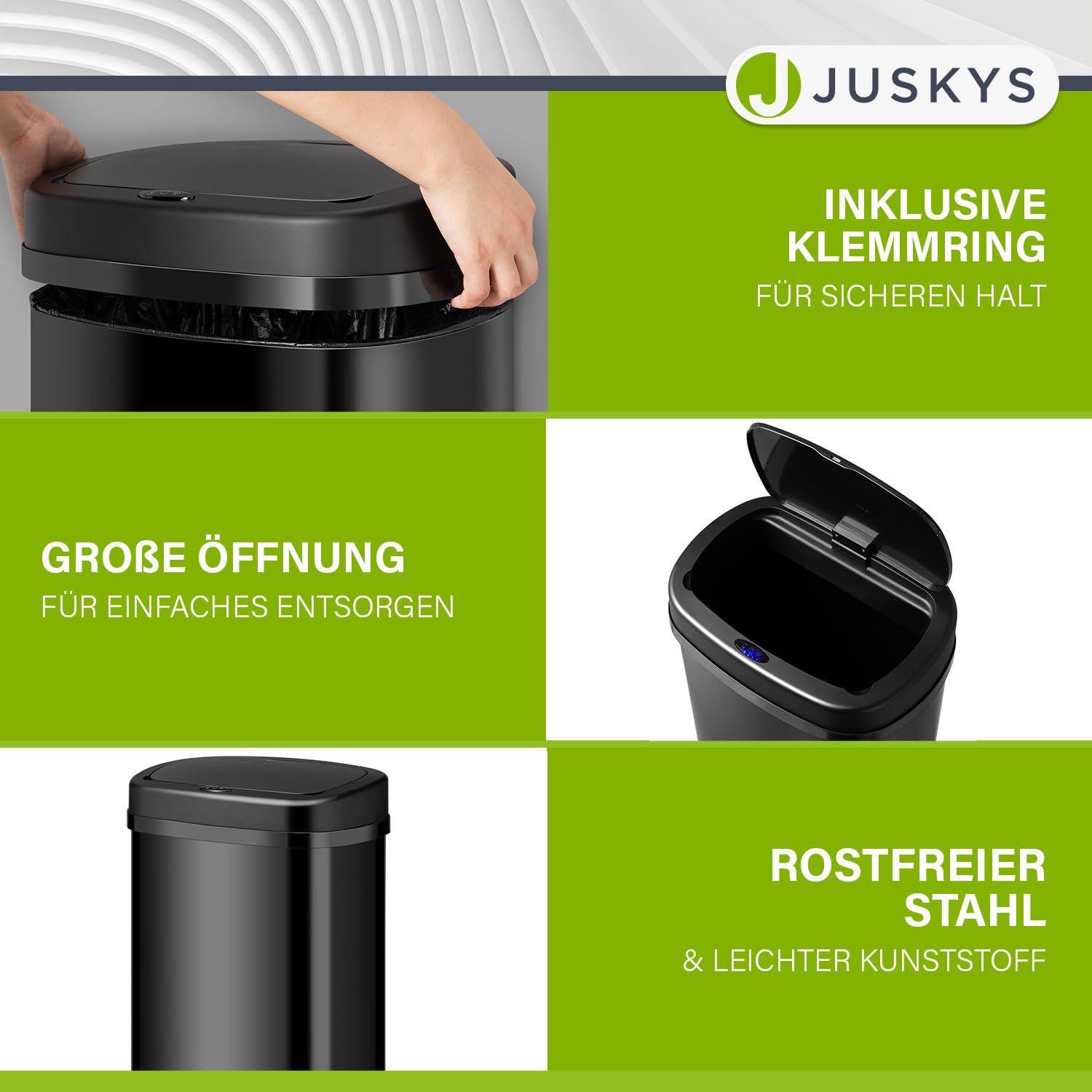 Juskys Mülleimer Küche mit Bewegungssensor Schwarz 70L - Eckiger Abfalleimer mit Klemmring für Müllbeutel - Rostfreier Stahl - Kontaktloses Entsorgen