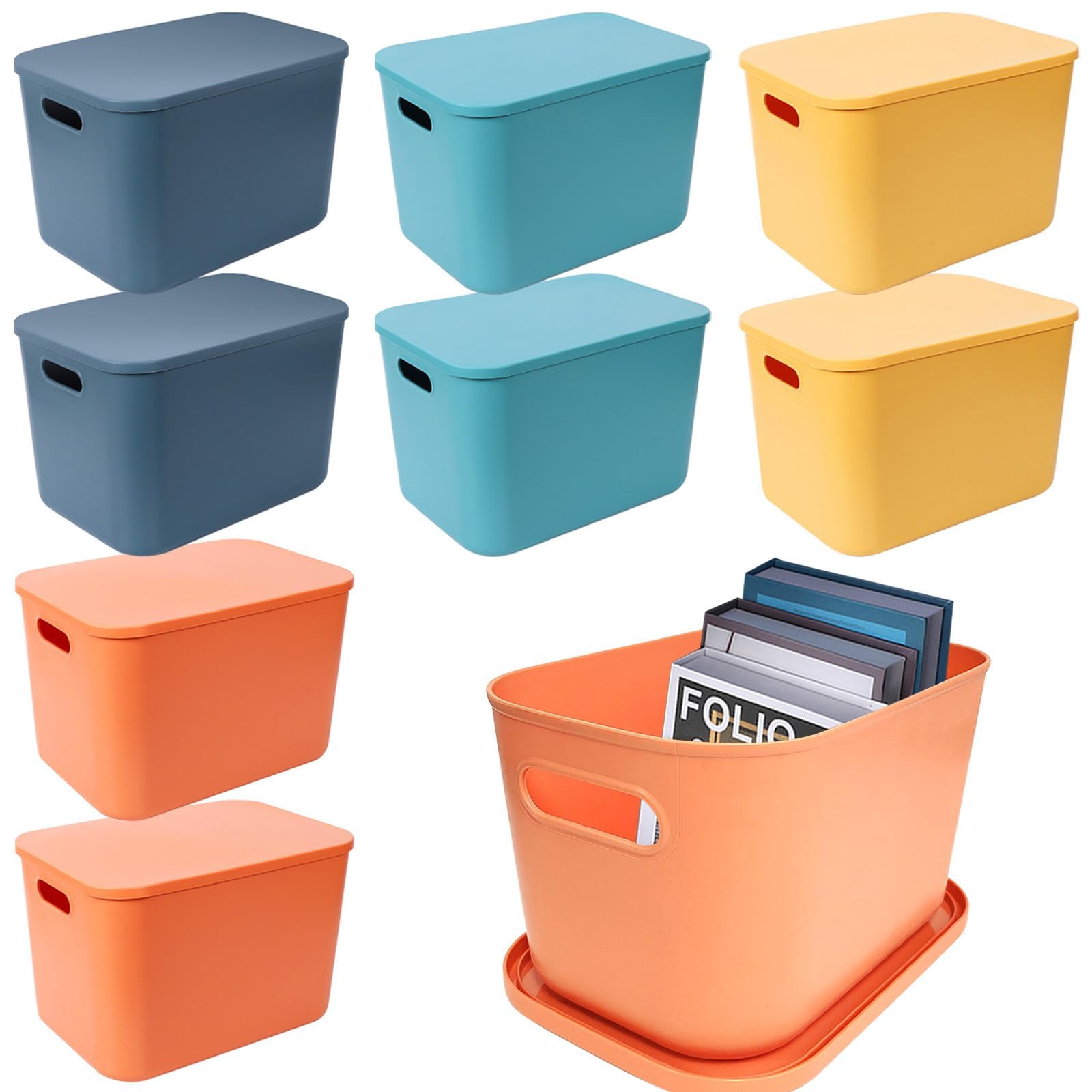 8 Pack Colorful Plastic Storage Bins with Lid and Handle, Stackable Decorative Box Basket Containers, Desktop Storage Organizer Cubby Bins for Shelf Cabinet Kitchen Bathroom Office, 10 x 7 x 6.1Inch