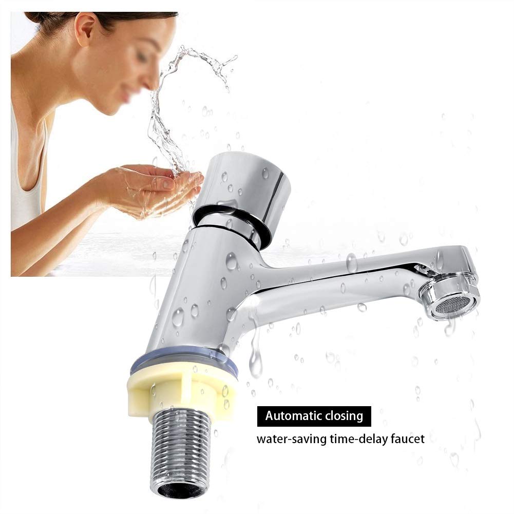 KSTE Grifo Lavabo, grifo del fregadero que ahorra agua, de cierre automático, chapado en cromo, para lavabo moderno y cocina pública con retardo de tiempo