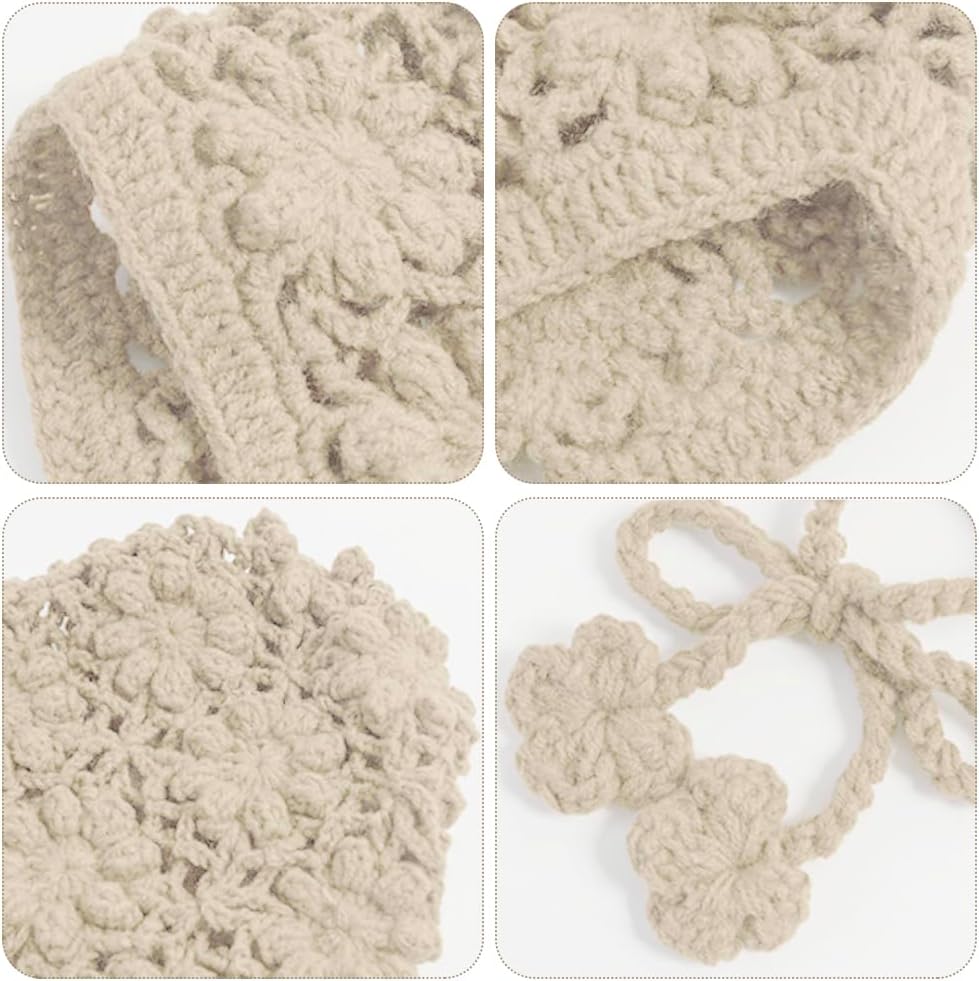 Toddler Girl Beanie Handmade Hollow Crochet Flower Earflap Knit Hats Baby Bonnets with Strap - Image 3