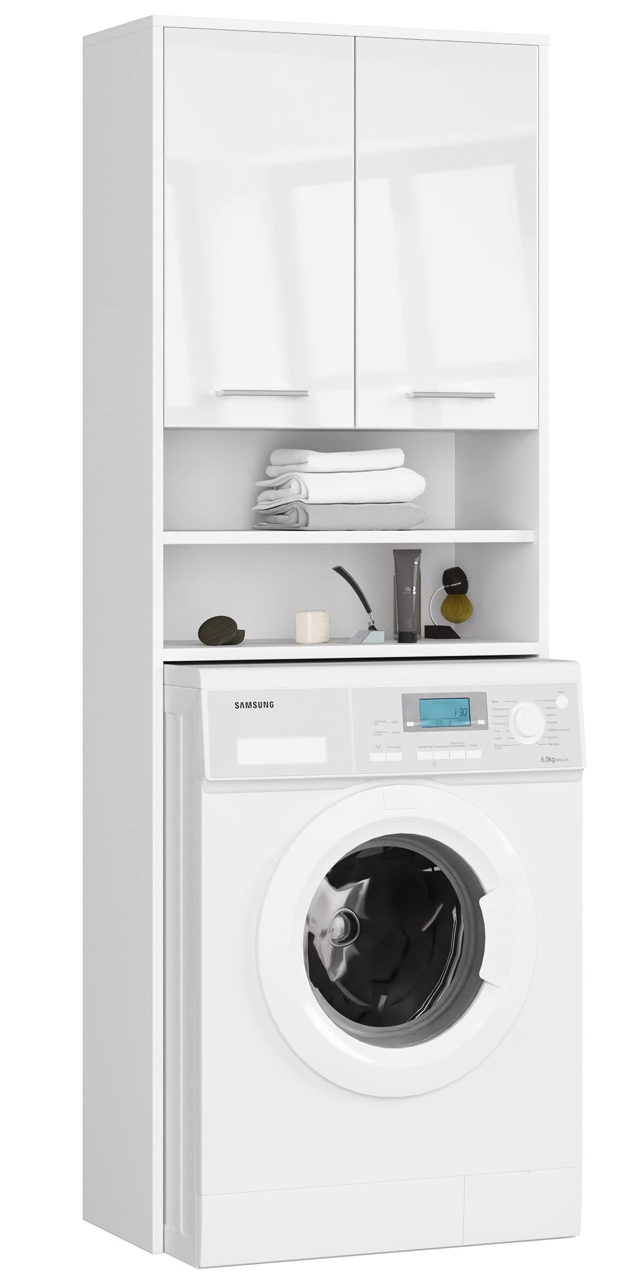 Home Collective Mobile per lavatrice 64x30x180 cm, mobile alto da bagno, con 2 ante e 4 ripiani mobiletto da bagno mensola da bagno corridoio bianco lucido