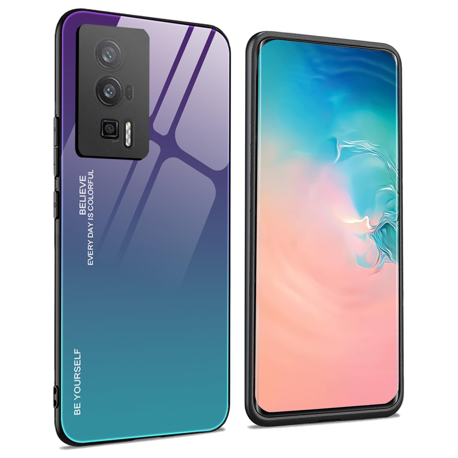 WBWONE Cover per Xiaomi Poco F5 Pro, Slim Colori Sfumato Custodia Posteriore in Vetro Temperato 9H, Bordo in TPU Bumper in Silicone Protettiva Case - 3