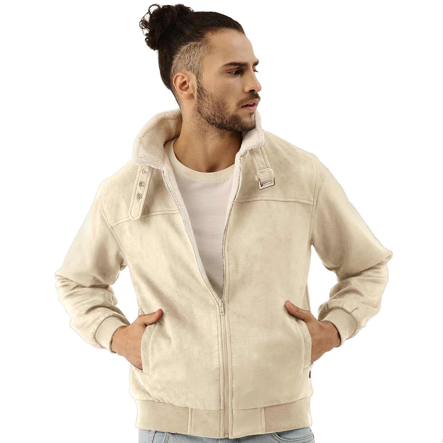 Campus Sutra Men’s Front Zipper Jacket With Fleece For Casual Wear | Long Sleeve | High Neck | Zipper Closure | Suede Jacket Crafted With Comfort Fit For Everyday Wear