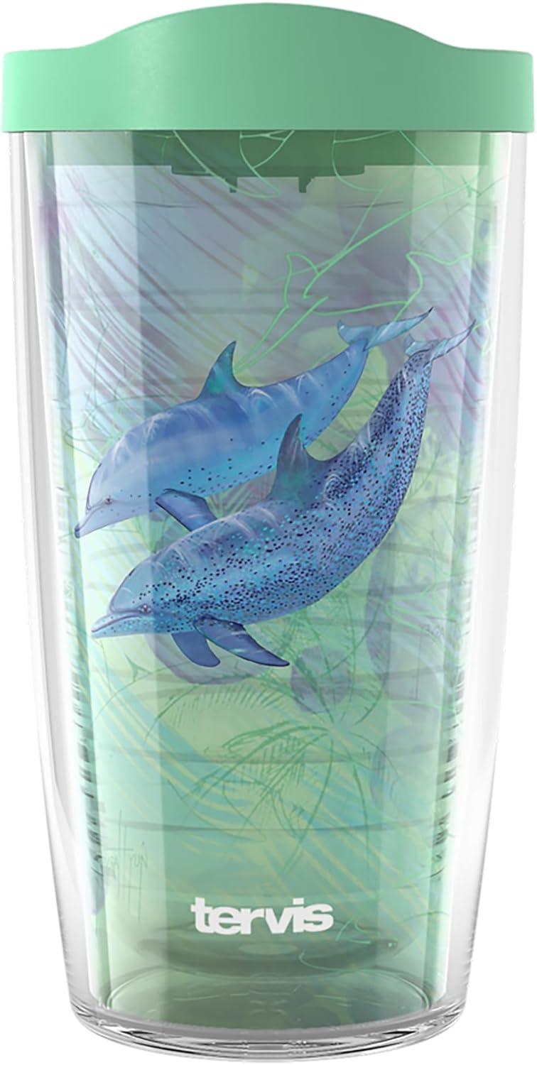 Tervis Guy Harvey - Living Reef Collection Made in USA Double Walled Insulated Tumbler Travel Cup Keeps Drinks Cold & Hot, 16oz, Dolphins