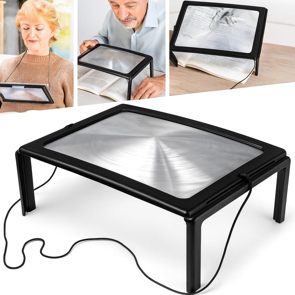 3X Hands Free Magnifying Glass with 4 LEDs, Full Page Magnifying, Large Page Magnifier for Reading Small Prints Perfect for Reading, Sewing, Portable Low Vision Seniors with Aging Eyes