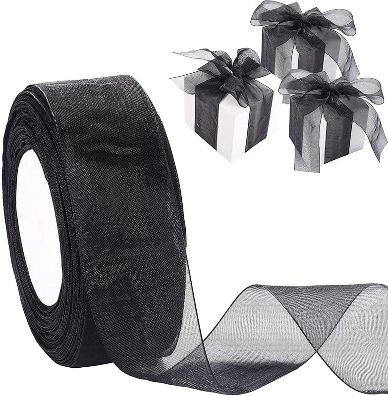 Image of UKIYO | Organza Ribbon(15+ Color Variations Inside) (L-35 Meters,W-1 Inch) | Ribbon for Gift Wrapping,Gift Bows Making, Decoration,Bags Handle (Pack of 2, Black)