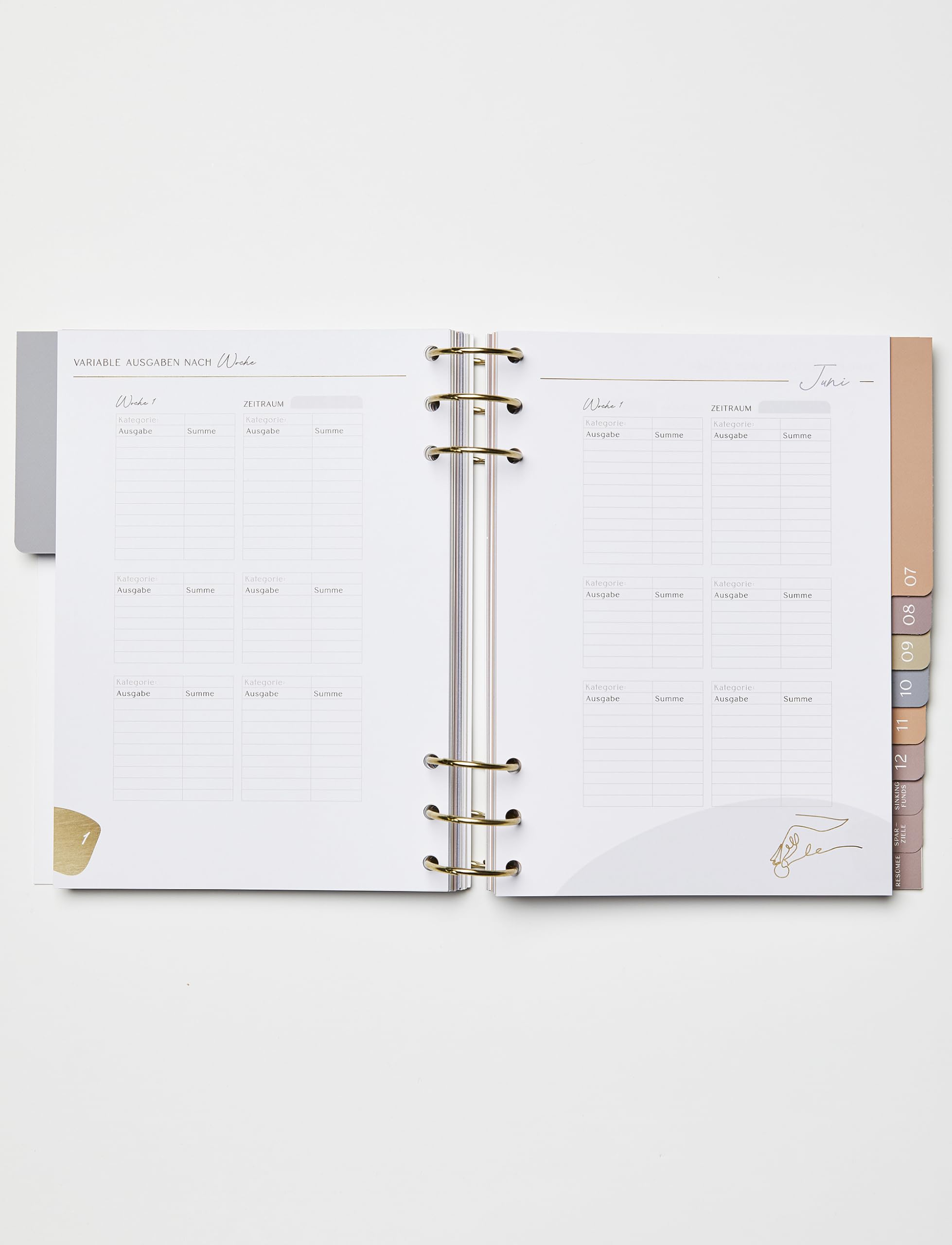 Moneyglow® Mein Budgetplaner A5 deutsch I 310 Seiten I goldene Ringe zum Öffnen I Seiten immer wieder austauschbar I Register I Illustrationen I satiniertes Schreibpapier I undatiert