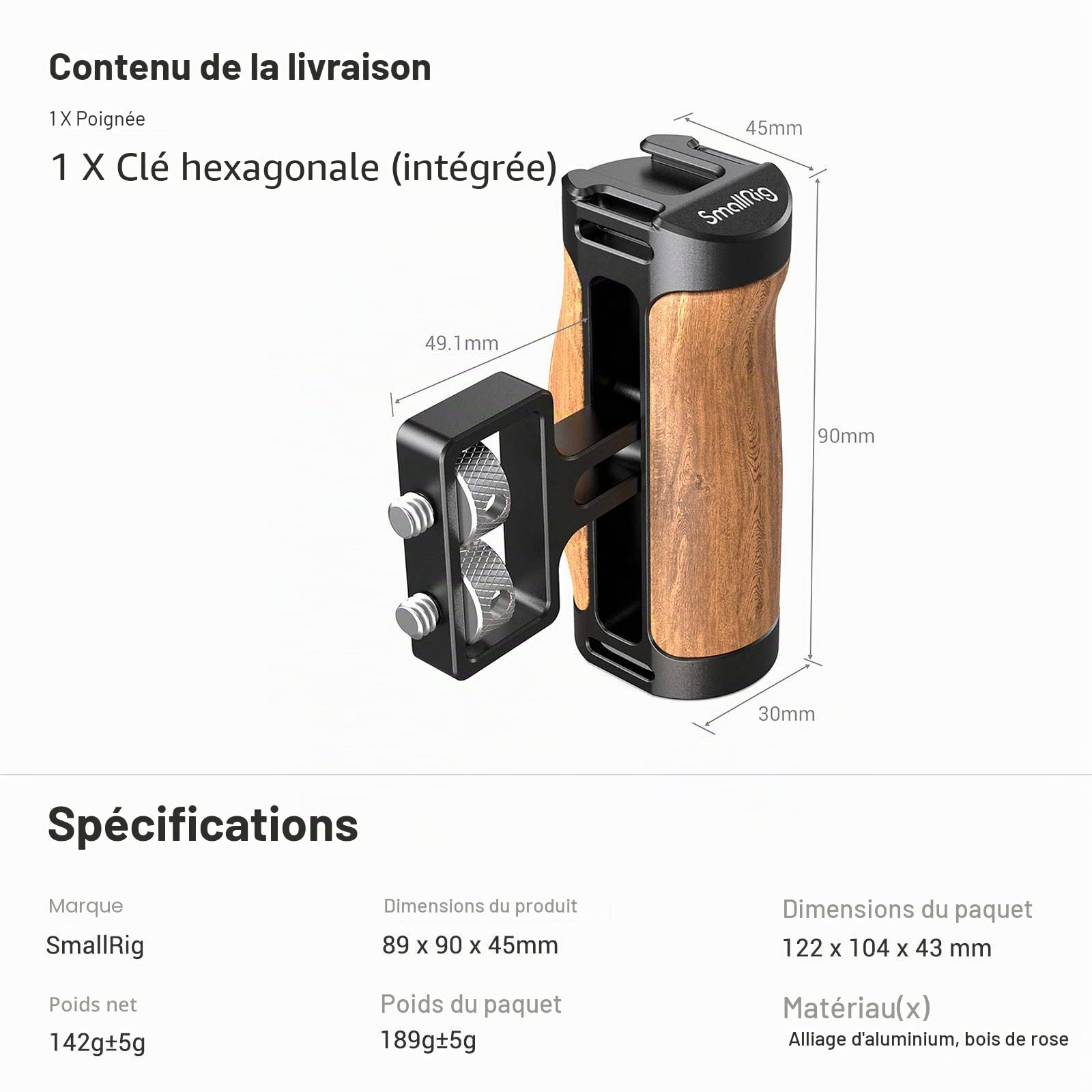 SMALLRIG Mini Poignée Latérale en Bois (Vis 1/4"-20) pour Cage de Caméra - 2913