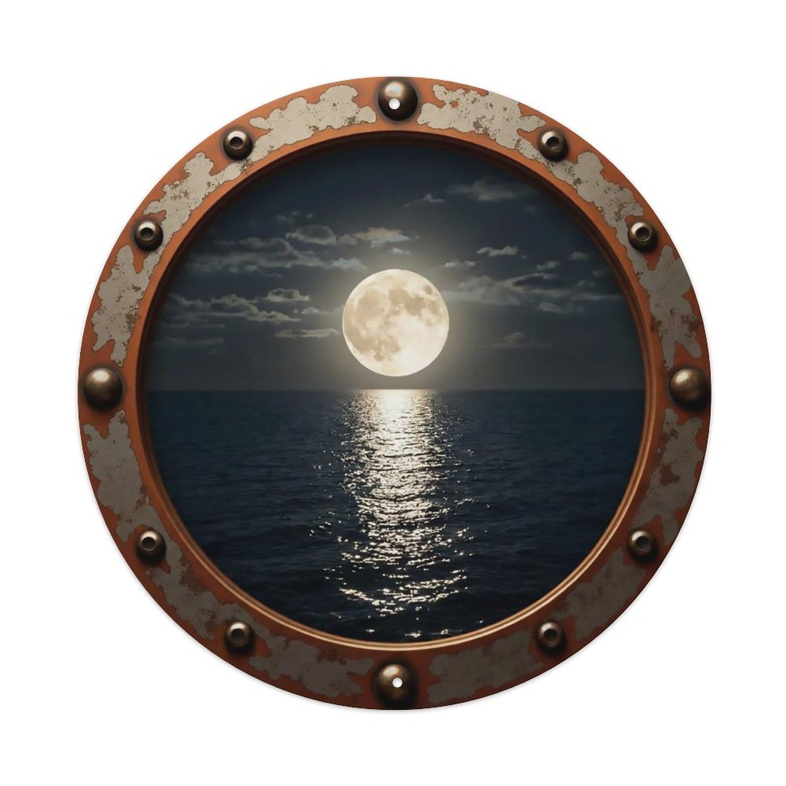 Vintage Porthole Full Moon Reflection View Metal Tin Sign