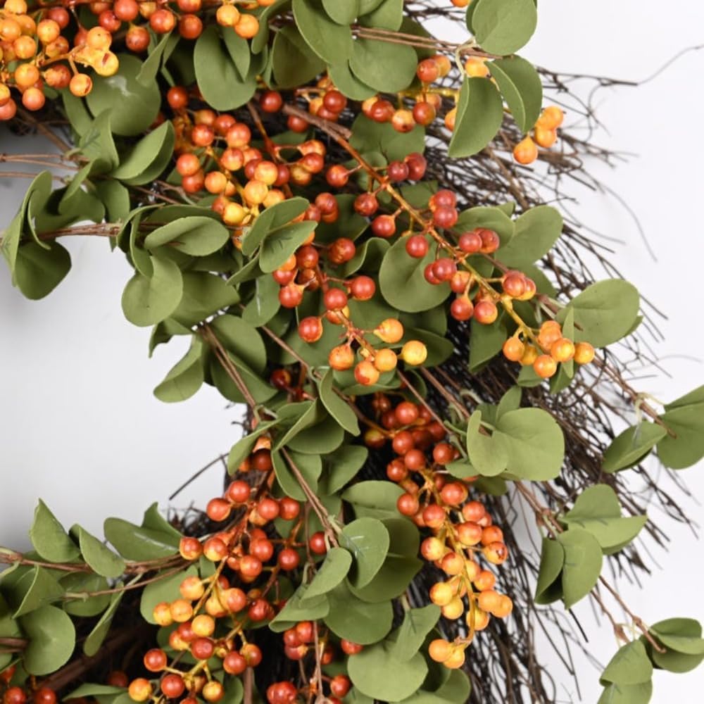 Handmade Fall Wreath for Front Door, Rustic Eucalyptus Wreath with Orange Red Berries, Natural Twig Base Farmhouse Decor for Home