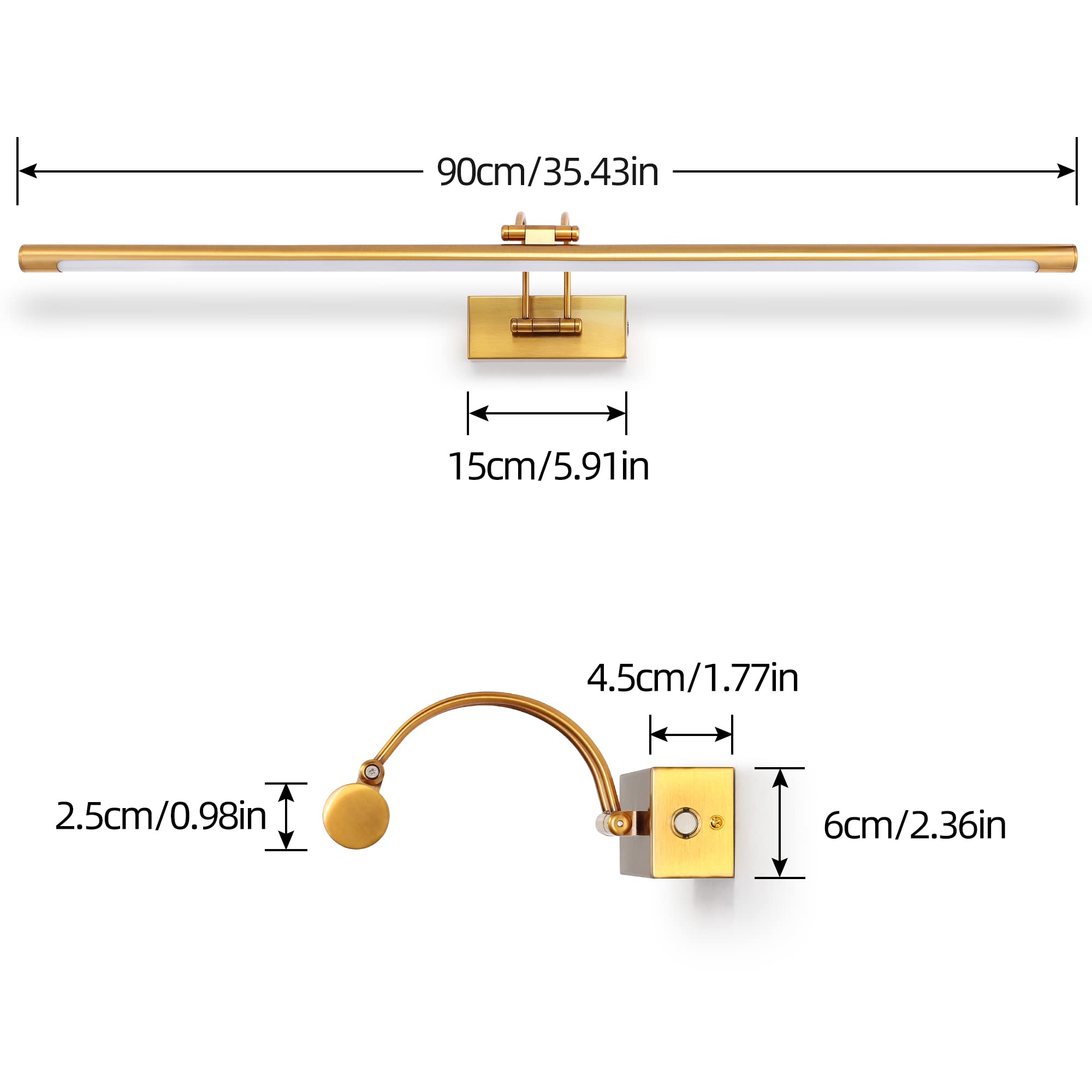 MantoLite Dimmable Applique Murale LED 90CM 16W 3000K/4500K/6000K Laiton Lumière Pivotante Intérieur