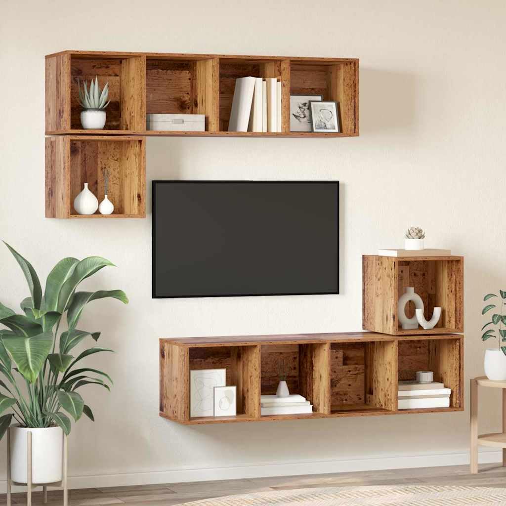 Set di 4 mobili per TV da parete, mobile basso in legno effetto legno anticato, pensili sospesi per soggiorno e intrattenimento, salvaspazio, 4 moduli