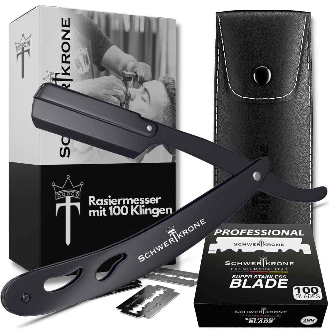 SCHWERTKRONE® Rasiermesser Herren [INKL. 100 PREMIUM RASIERKLINGEN] - Bart Messer Edelstahl - Rasiermesser mit Wechselklingen - Straight Razor Bart Messer Herren - Rasiermesser mit Klingen und Etui