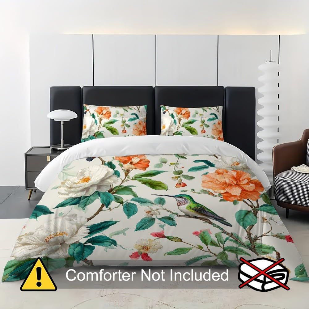 3-częściowy komplet pościeli z mikrofibry, z zamkiem błyskawicznym – retro rośliny i ptaki, żelowa, poszwa na kołdrę 240 x 220 cm i 2 poszewki na poduszkę 80 x 80 cm, biała, miękka, oddychająca poszwa