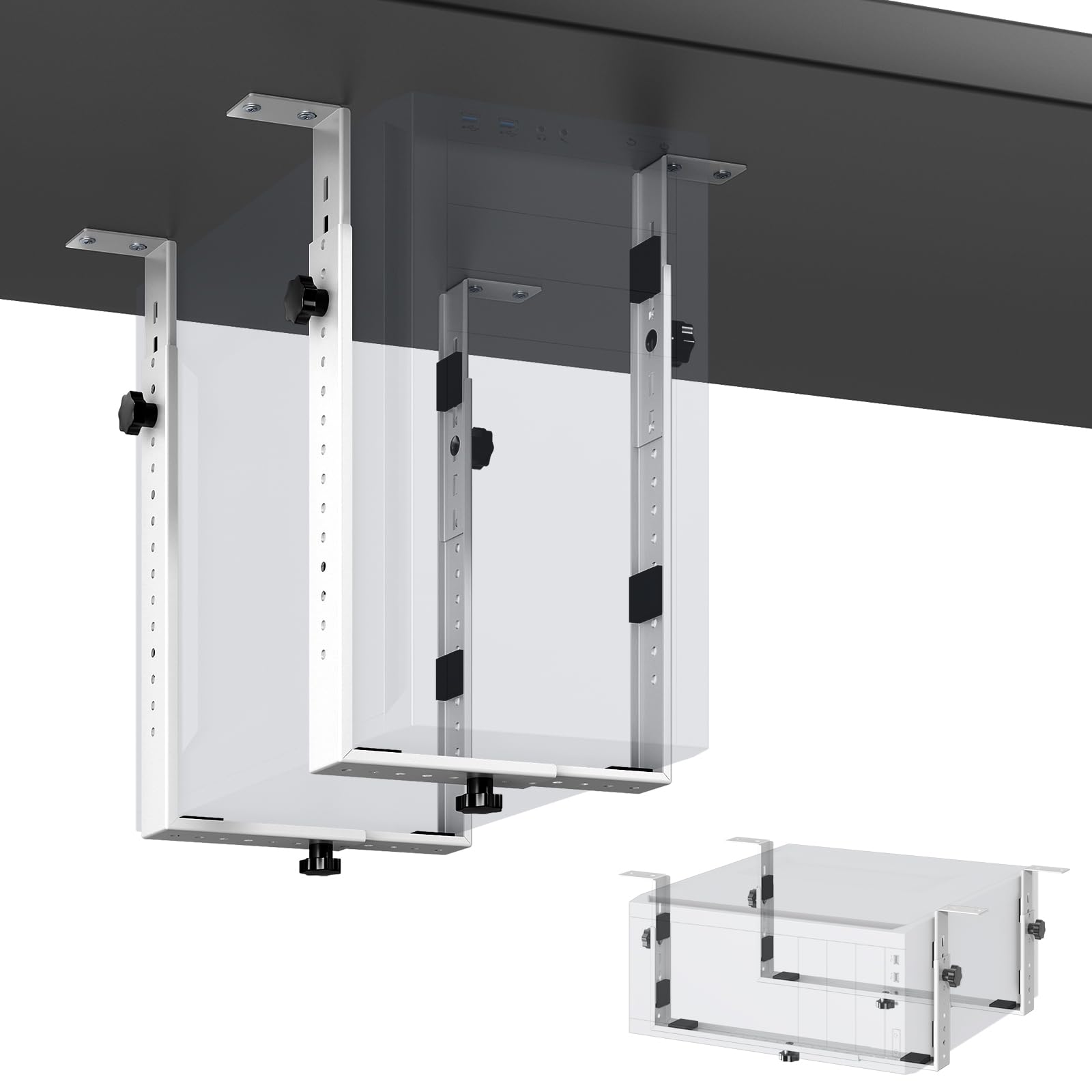 PUTORSEN Soporte de PC para debajo del escritorio para cajas de torre media/minitorre, soporte vertical u horizontal para CPU de hasta 75 libras, estante de computadora que ahorra espacio para ATX