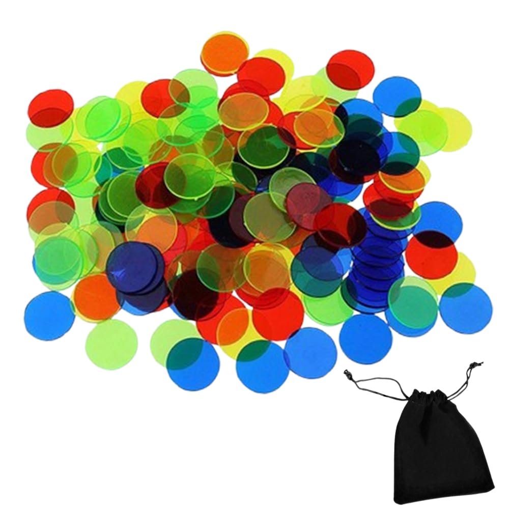 150 Pcs Fiches da Bingo, Segna Numeri Tombola, Gettoni Plastica, Trasparenti da Colore Bingo e una Borsa di Flanella，contatori di plastica che contano fiches colorate