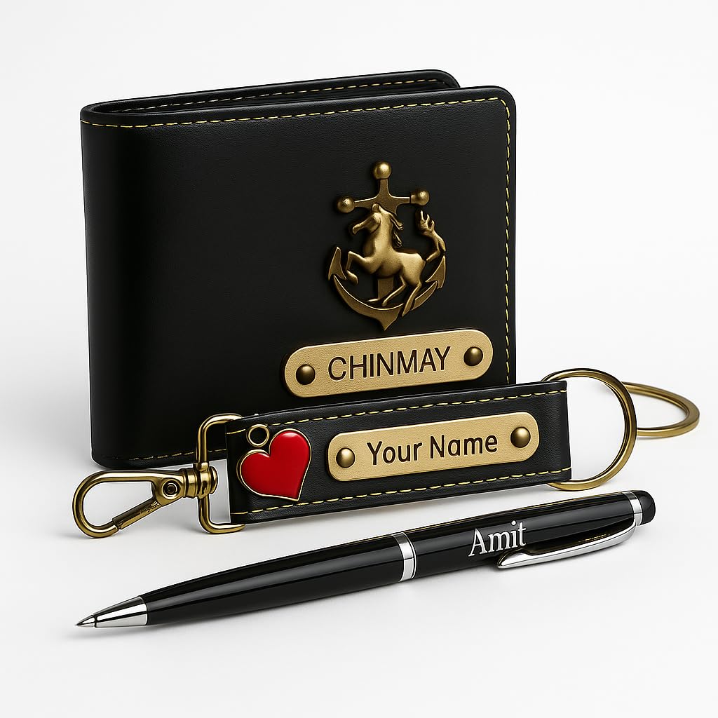 Personalised Leather Wallet Gift Set with Keychain and Pen, Horse Anchor Design, Customisable Name Tag (Black)-image-12