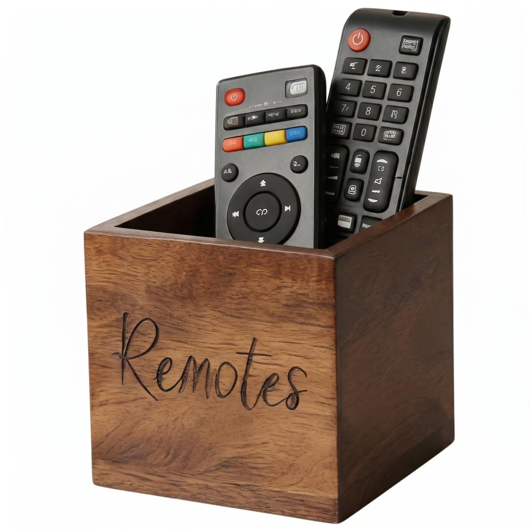 Gemuseeee Rustic Wooden Remote Control Caddy 3.5x3.5x3.5 Inch Square Desk Organiser for Living Room TV Remote Holder