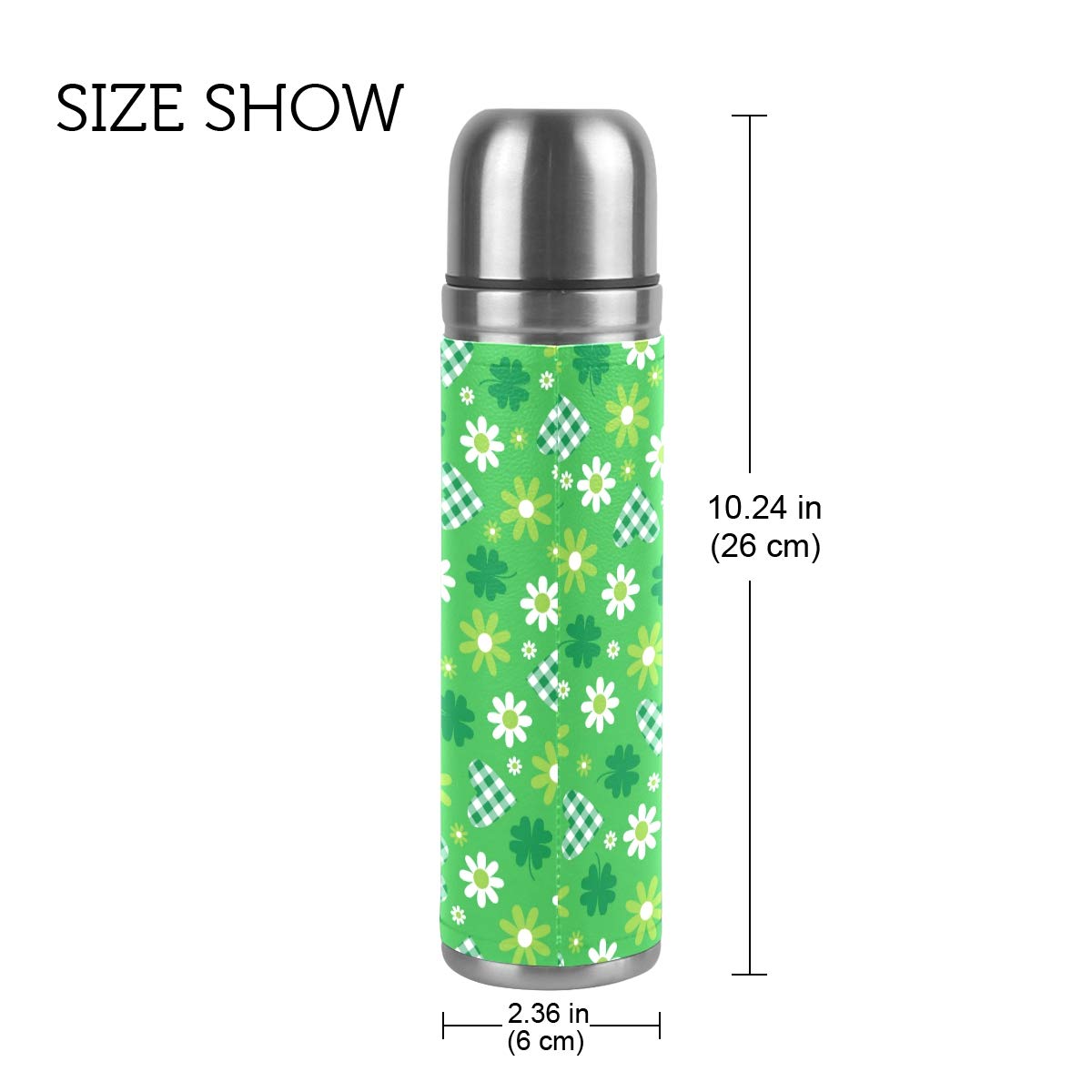 Taza de viaje de acero inoxidable con aislamiento al vacío, doble pared, a prueba de fugas, diseño de flores verdes y corazones, impresión personalizada en piel auténtica, 500 ml