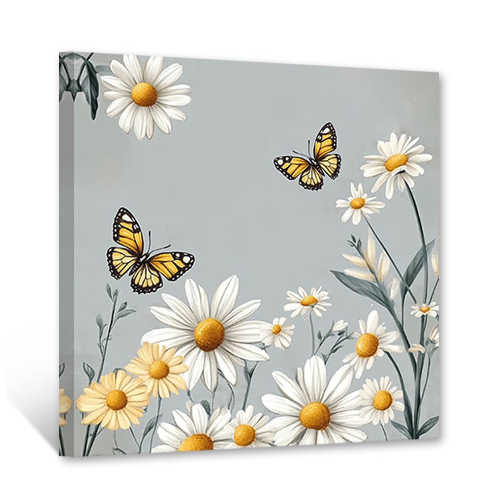 CXHOSTENT Daisy Canvas Wall Art Butterfly Wall Decor Rustic Floral Picture Farmhouse Floral Painting Country Daisy Artwork Home Bedroom Bathroom Decor Frame (45.00 x 45.00 cms)