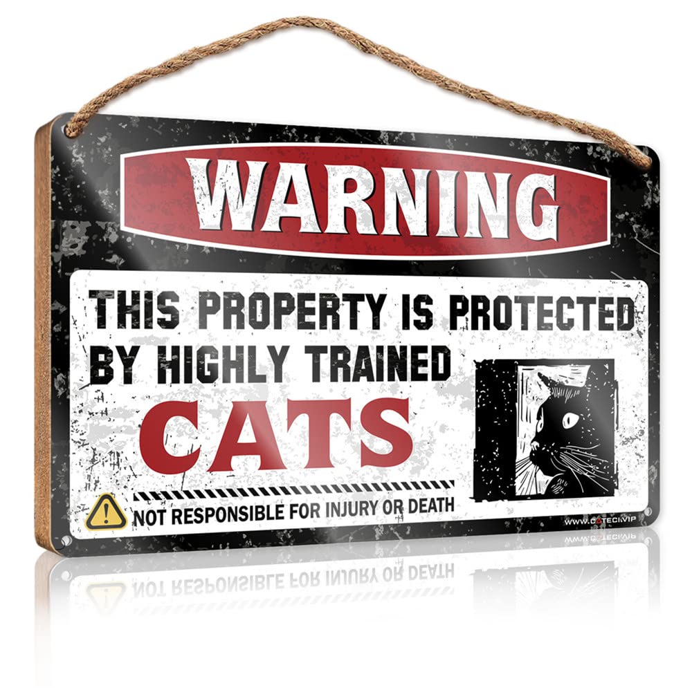 FRINTOXA Funny Man Cave Signs Warning This Property Is Protected By A Highly Trained Cat Wooden Sign(23X35CM)