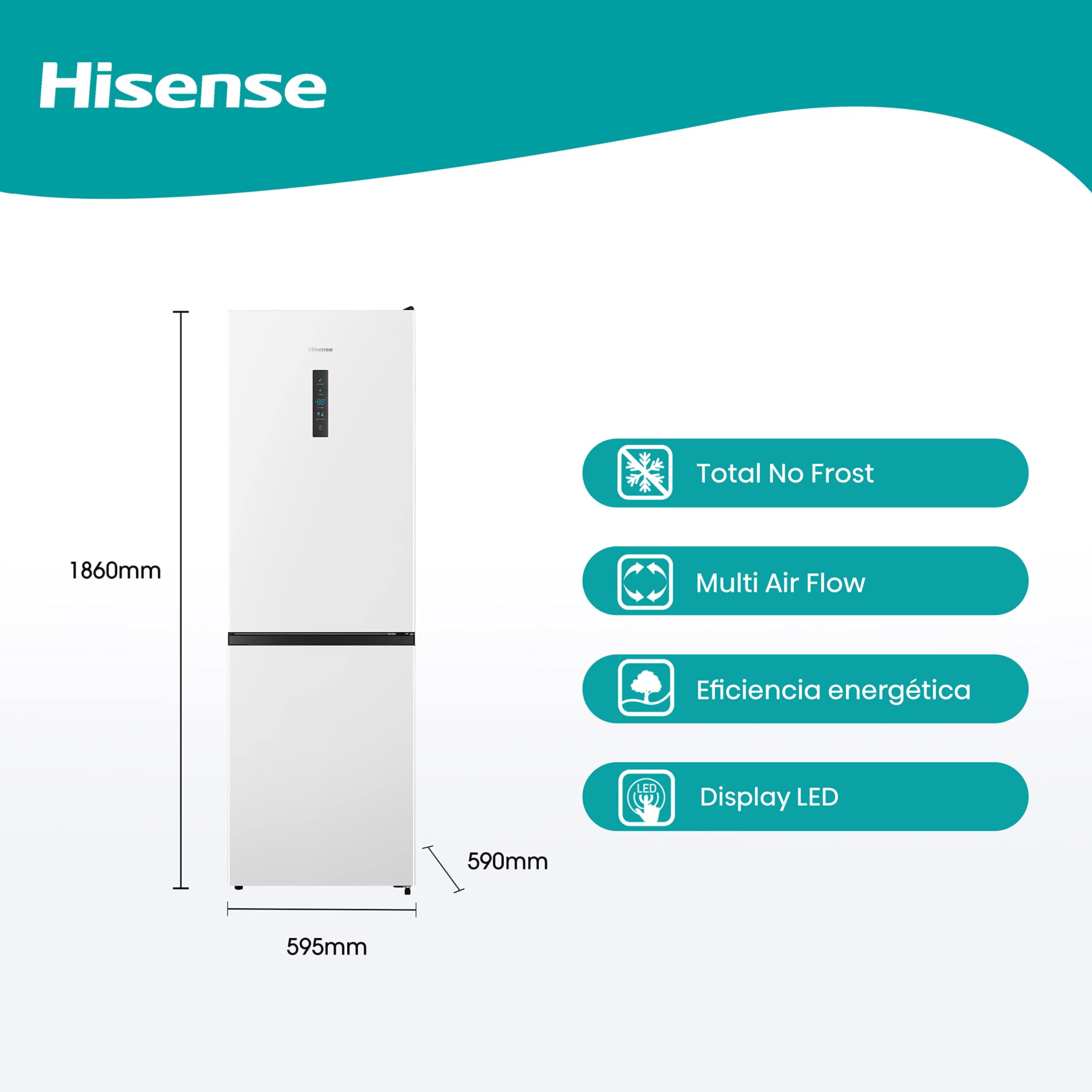 Hisense RB390N4DWD - Frigorífico Combi, Eficiente Clase D, Capacidad 304 L con 186 cm Alto, Cajón Verduras, 4 Estrellas Congelador, Puerta Reversible, Silencioso 39dB, Color Blanco