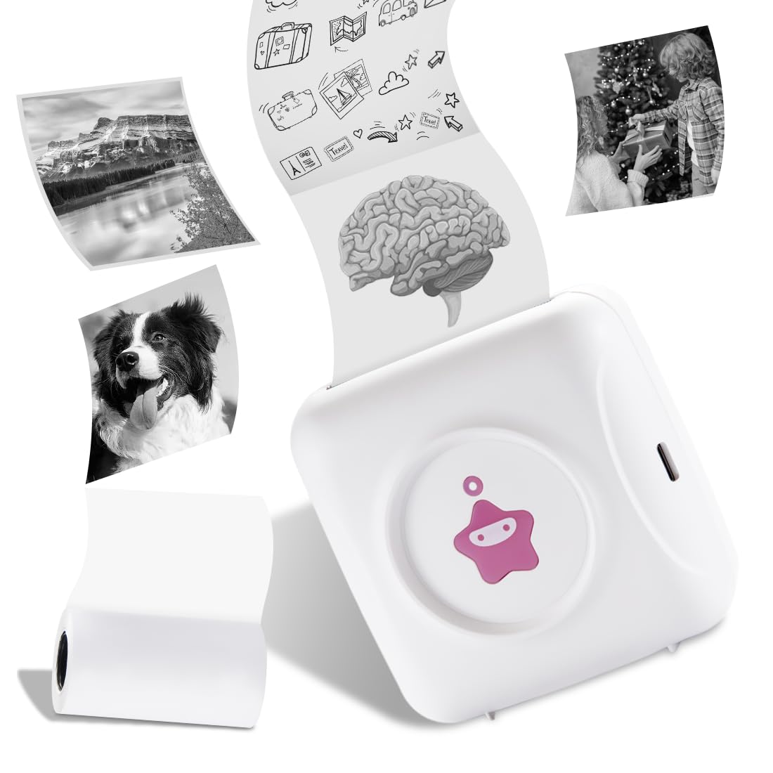 vretti Mini Pocket Printer - Portable Thermal Printer with 1 Roll Sticker Paper, Bluetooth Mini Printer for iPhone & Android, TP2-Y Inkless Sticker Maker for Notes, Photos, Labels, DIY