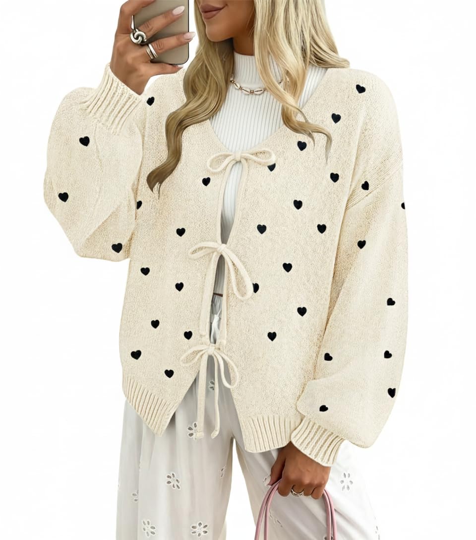 Womens Bow Tie Front Cardigan Sweaters Long Puff Sleeve Cute Print Jacket Coats 2025 Trendy Fall Winter Outfits