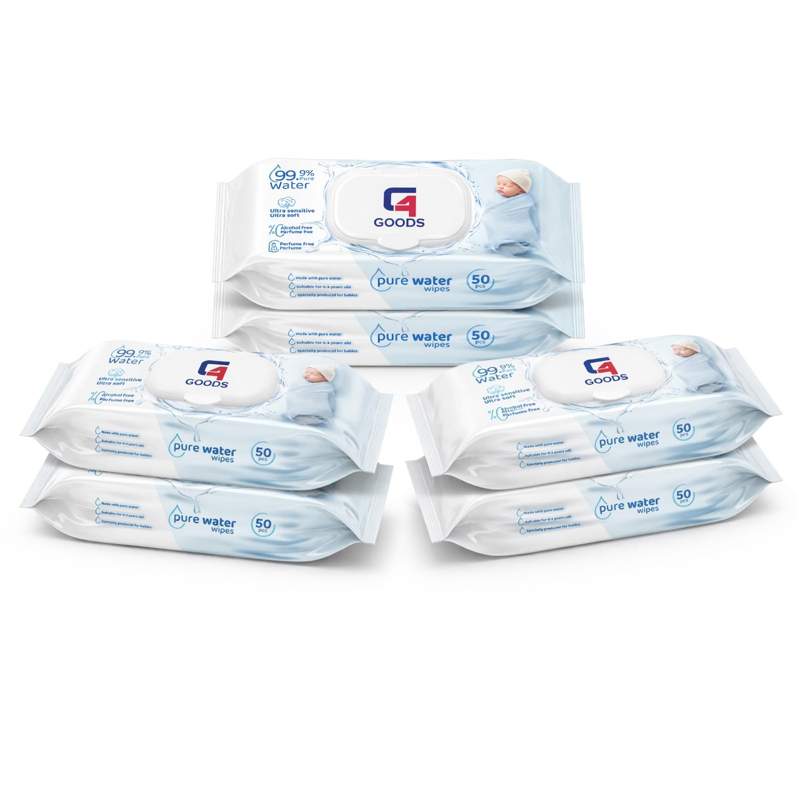 Water Baby Wipes (300 Counts - 6 Packs), made with 99% water and gentle for effective cleaning on delicate baby skin Sensitive Cleans Cares Protects Unscented