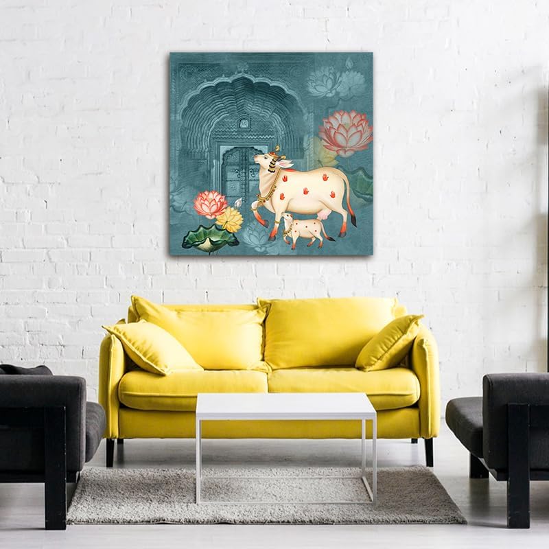7 Colours Decors Rajasthani Pichwai Cow and Calf Canvas Wall Art Frame – Traditional Modern Painting for Living Room Décor (24 x 24 Inches) 4
