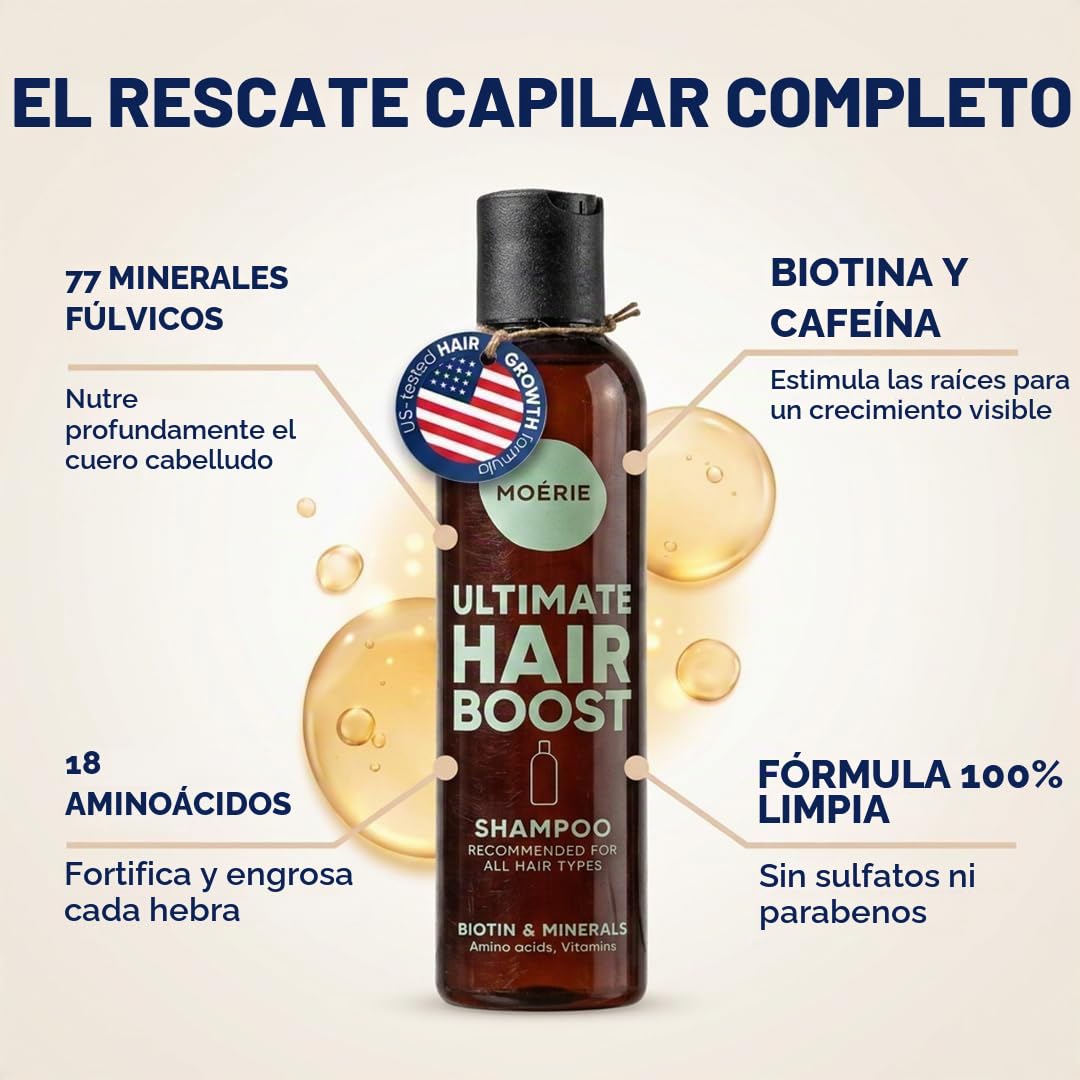 Moerie Ultimate champu de cabello crecimiento – pelo Grueso y Abundante - Shampoo Anticaída Mujer – Producto voluminizante - vegano - sin parabenos ni silicona - todo tipo de cabello – 250 ml X2