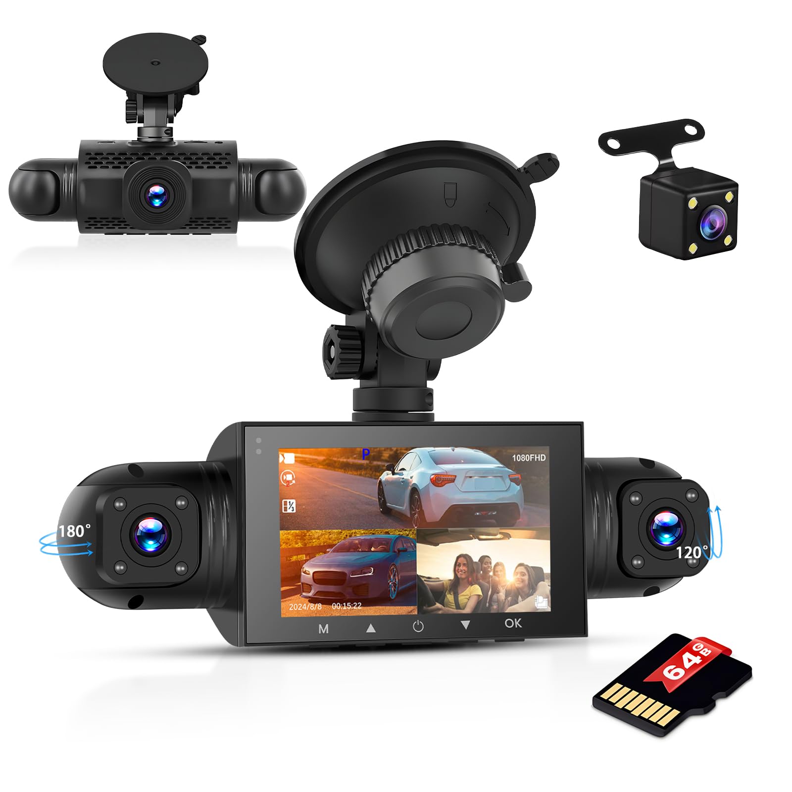 Inefala Car Driving Recorder mit 3-Zoll-Bildschirm, 64G SD Karte, HD 1080P Frontkamera mit 3 Kameras, 4-Kanal G-Sensor Bewegungserkennungsschleife 24-Stunden Fahraufzeichnung Parkmodus
