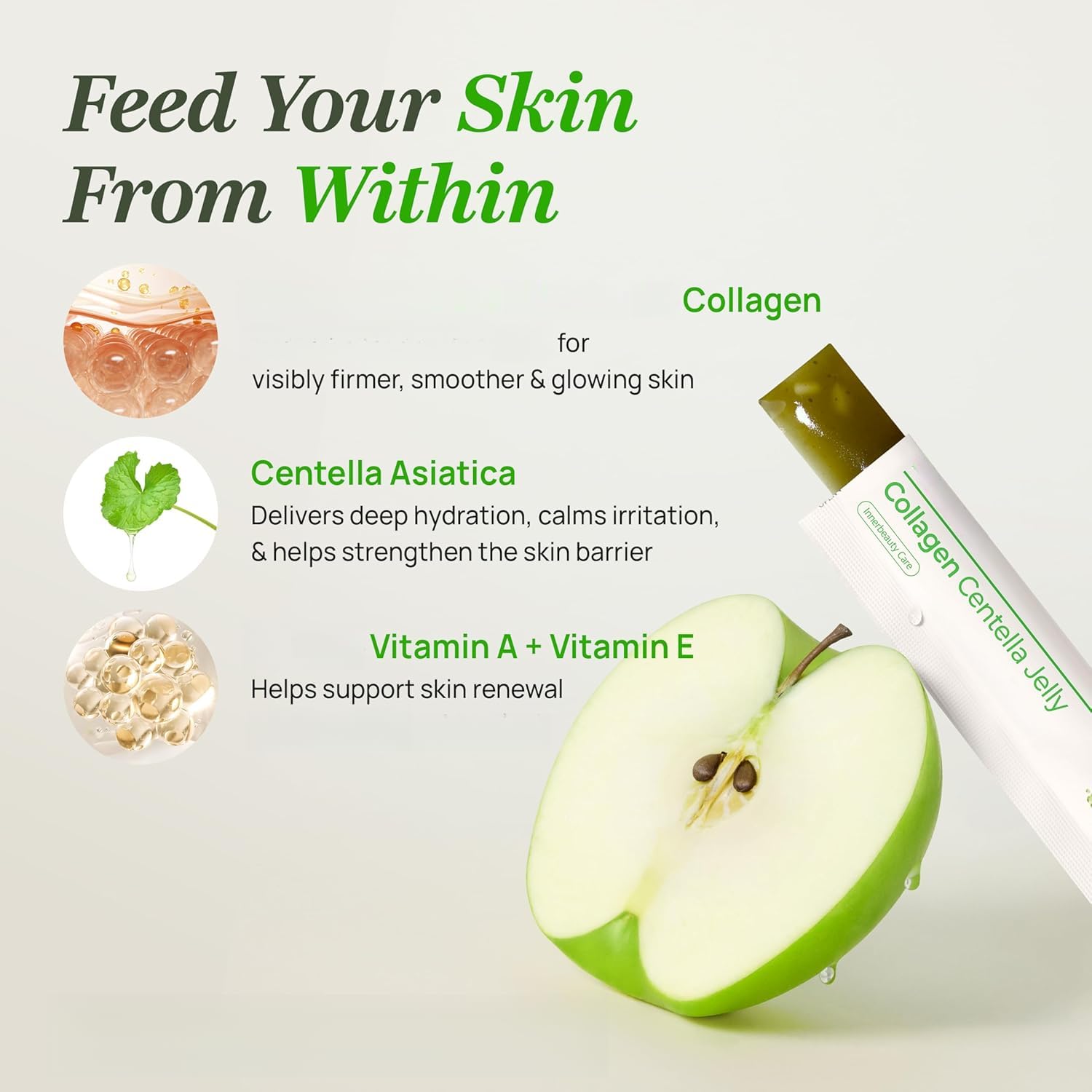 Centella|Jalea de colágeno, ayuda a hidratar y promover una piel sana, fortalecer el cabello y las uñas, gelatina con sabor a manzana verde rica en vitaminas