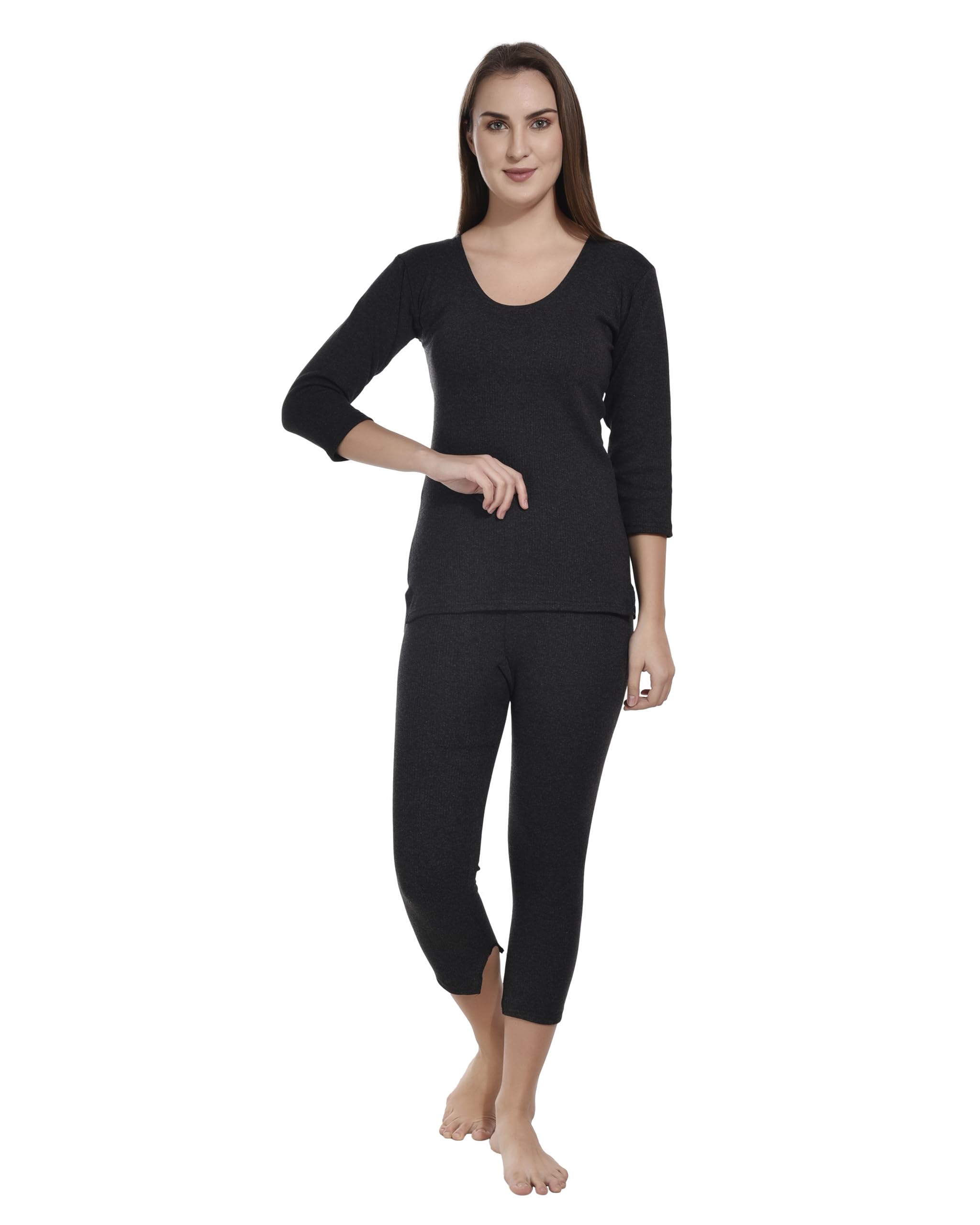 Women’s Thermal Innerwear Set – Snug Fit Sameej /¾ Sleeve Round Neck Top & Matching Bottom for Winter | Warm Base Layer for Ladies | Available in White, Light Grey & Black-image-34