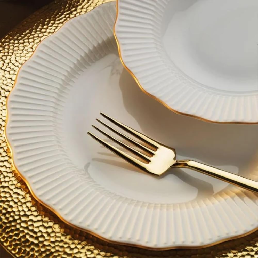 Porland Frilly Vajilla de Porcelana - 18 Piezas Blanca y Dorada - Completa y Elegante para 6 Personas