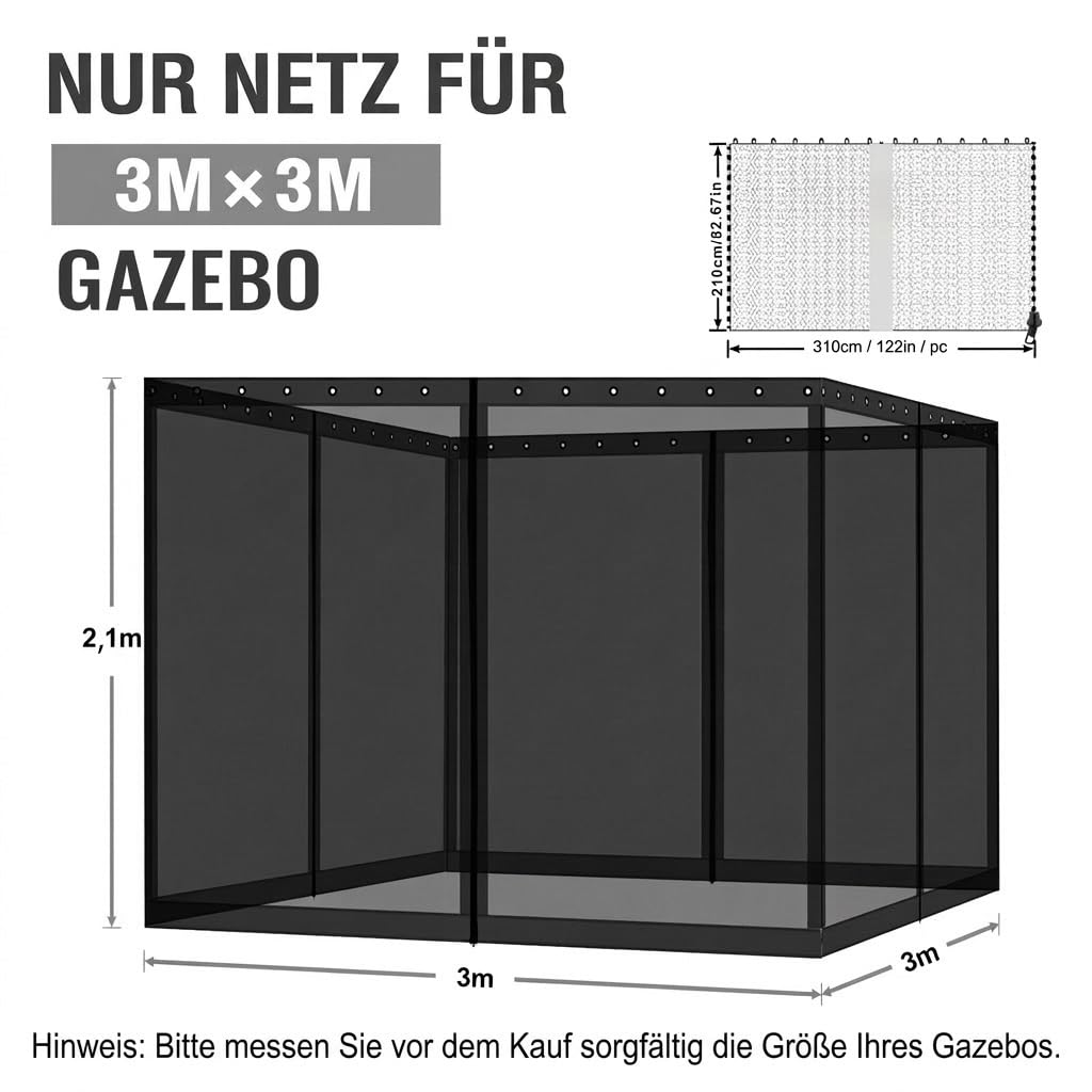 COWVIE Pavillon-Ersatznetz, 3 m x 3 m, Universal-Pavillon, 4 Paneele, Moskitonetz, Seitenwände mit Doppelreißverschlüssen für Außenterrasse (nur Netz)