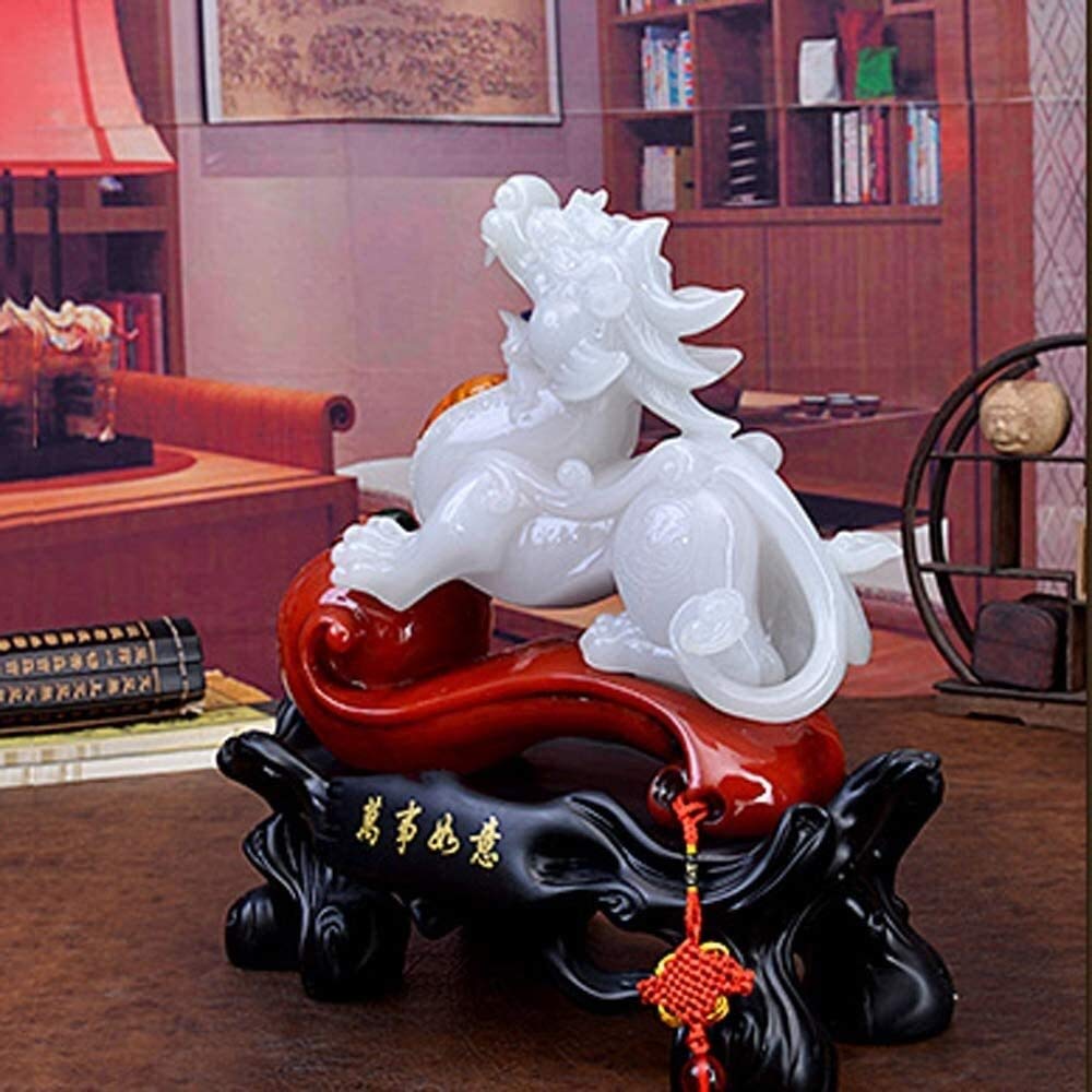 PiXiu/PiYao Statues en résine Feng Shui Chinois Blanc Vert Décor Attirer la Richesse et la Bonne Chance Meilleur Cadeau de félicitations de pendaison de crémaillère pour la Maison et Le Bureau 0917 (
